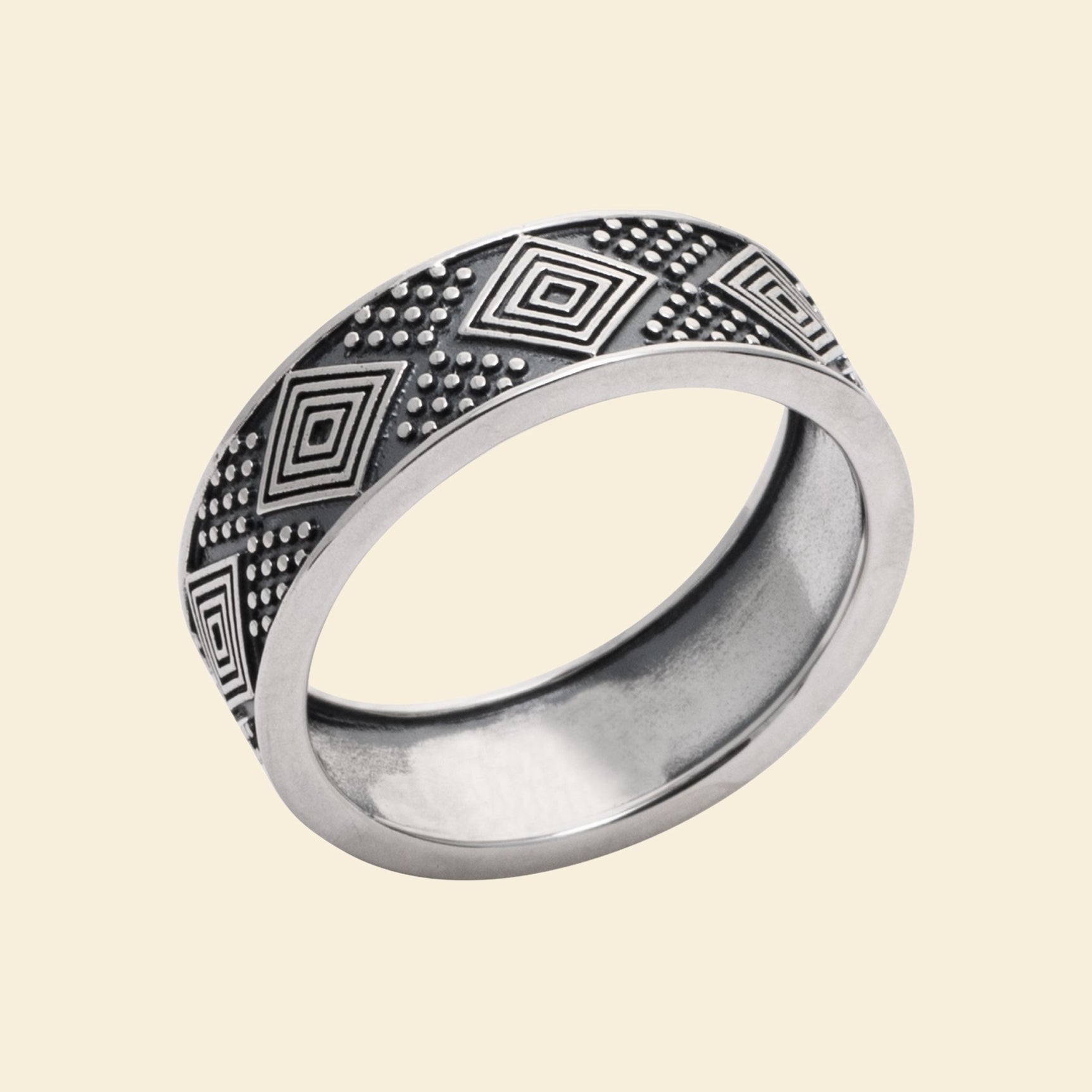 Bague homme en argent rhodié - motif géométrique