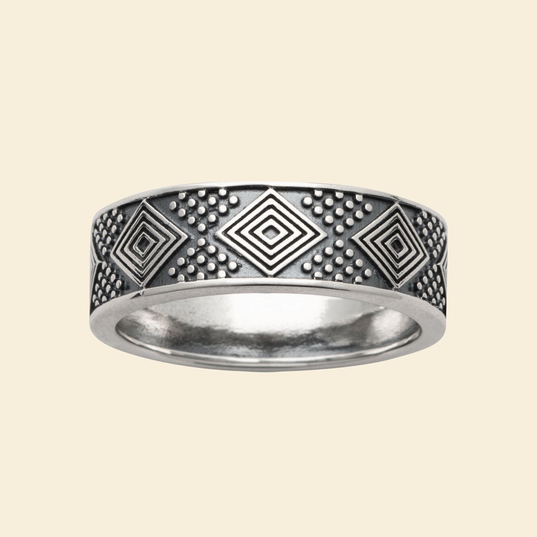 Bague homme en argent rhodié - motif géométrique