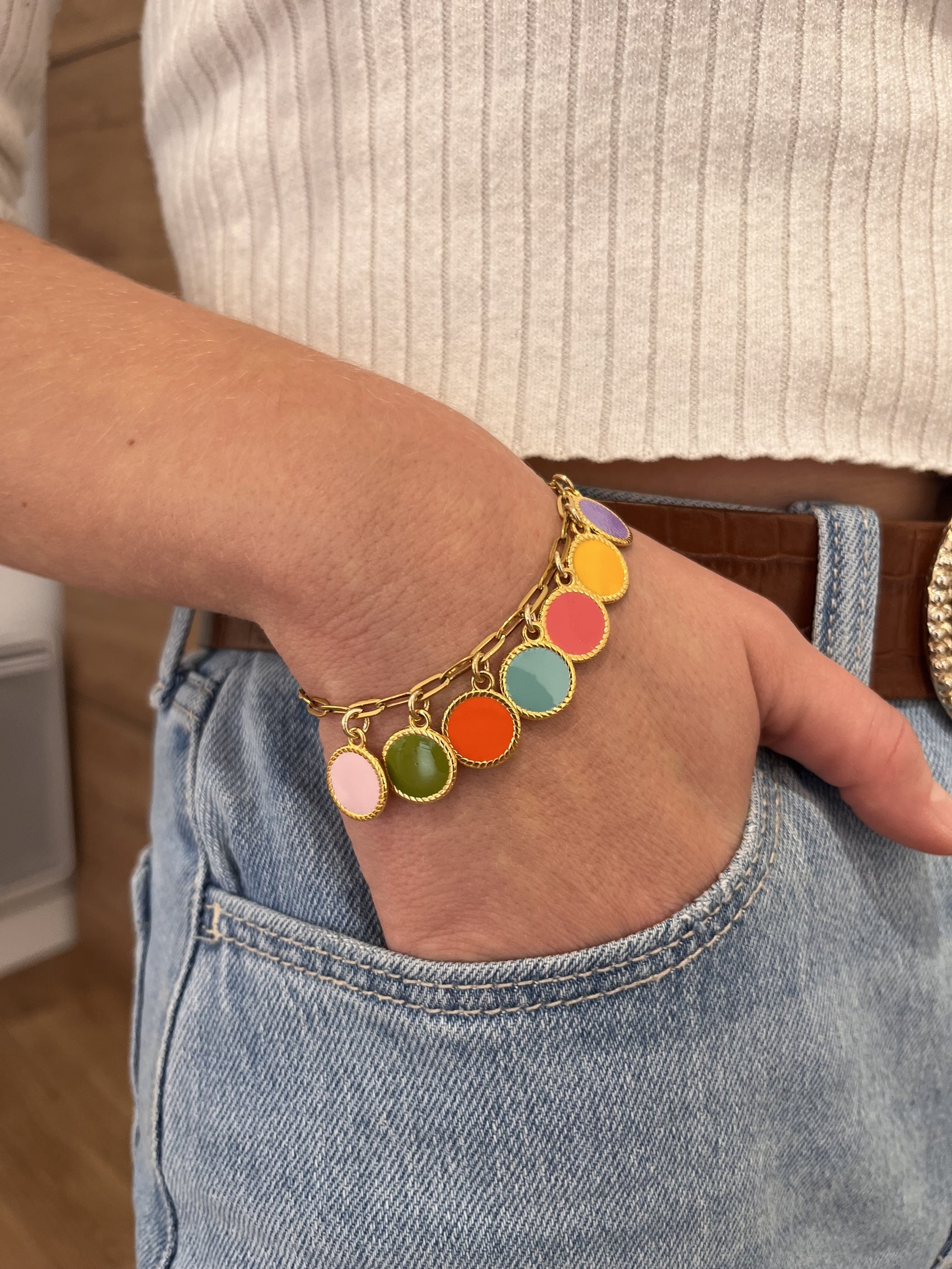 Bracelet pastilles multi Arlequin - acier doré