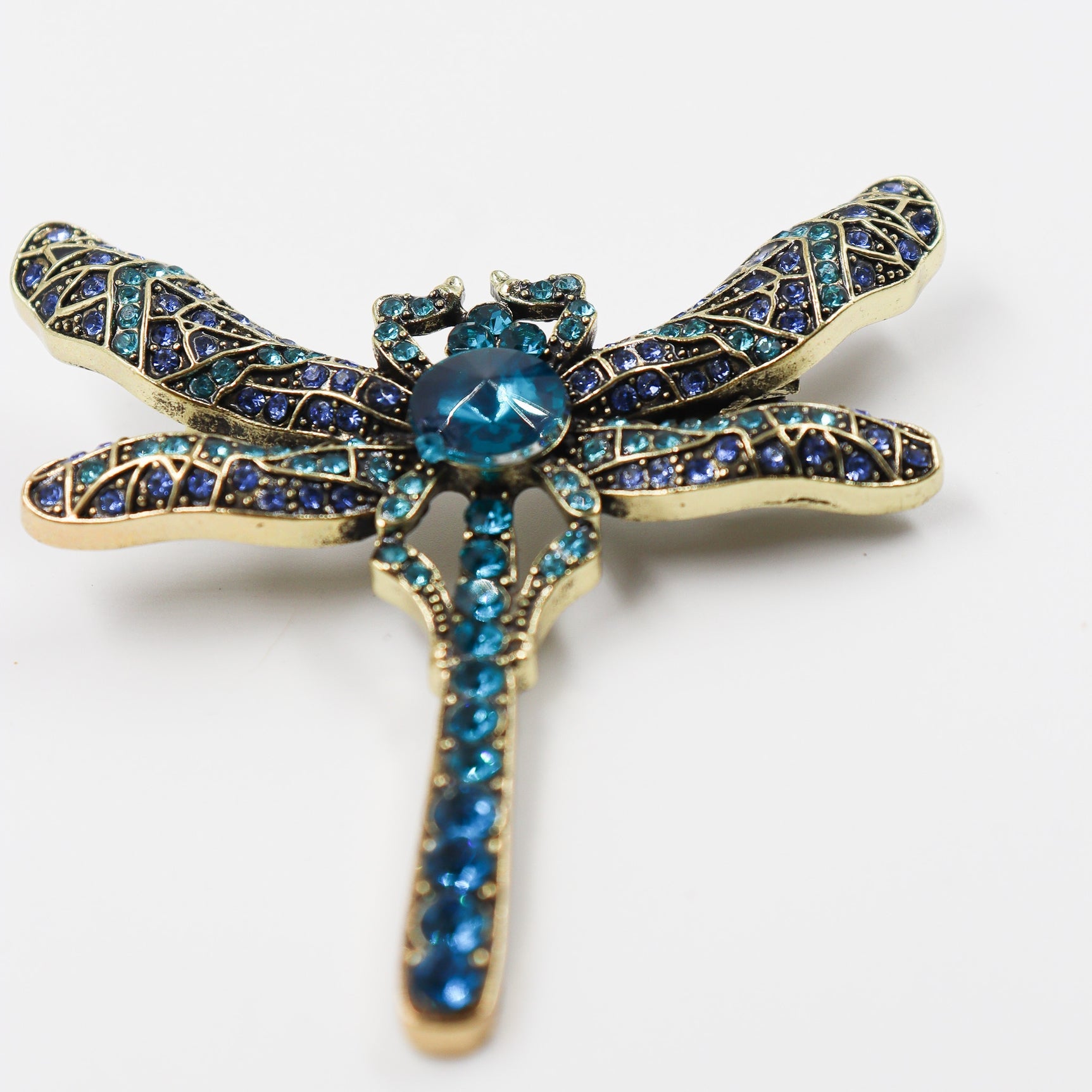 Broche libellule dorée - strass bleu et métal fin TURQUOISE