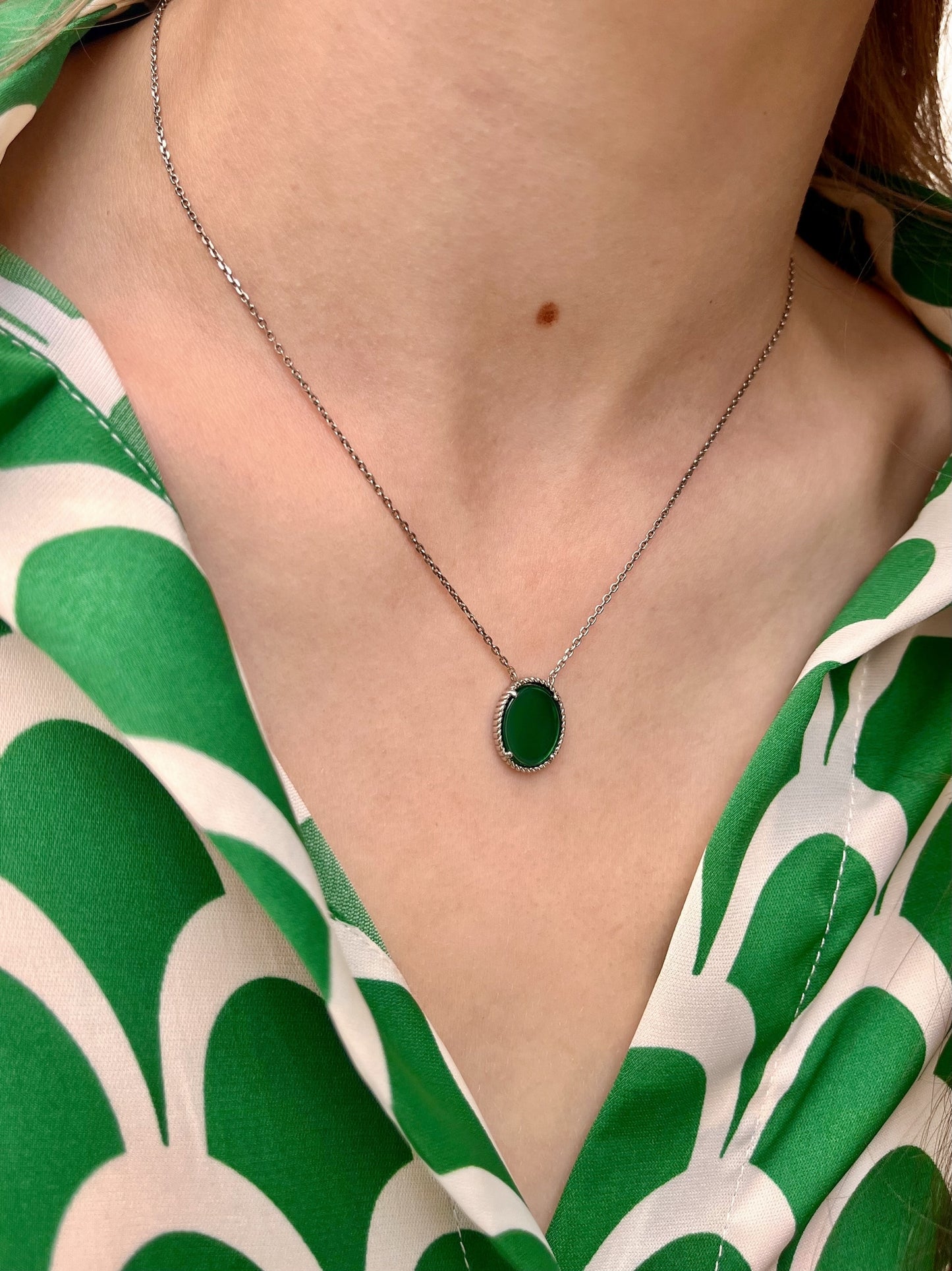 Collier argent rhodié & agate vert