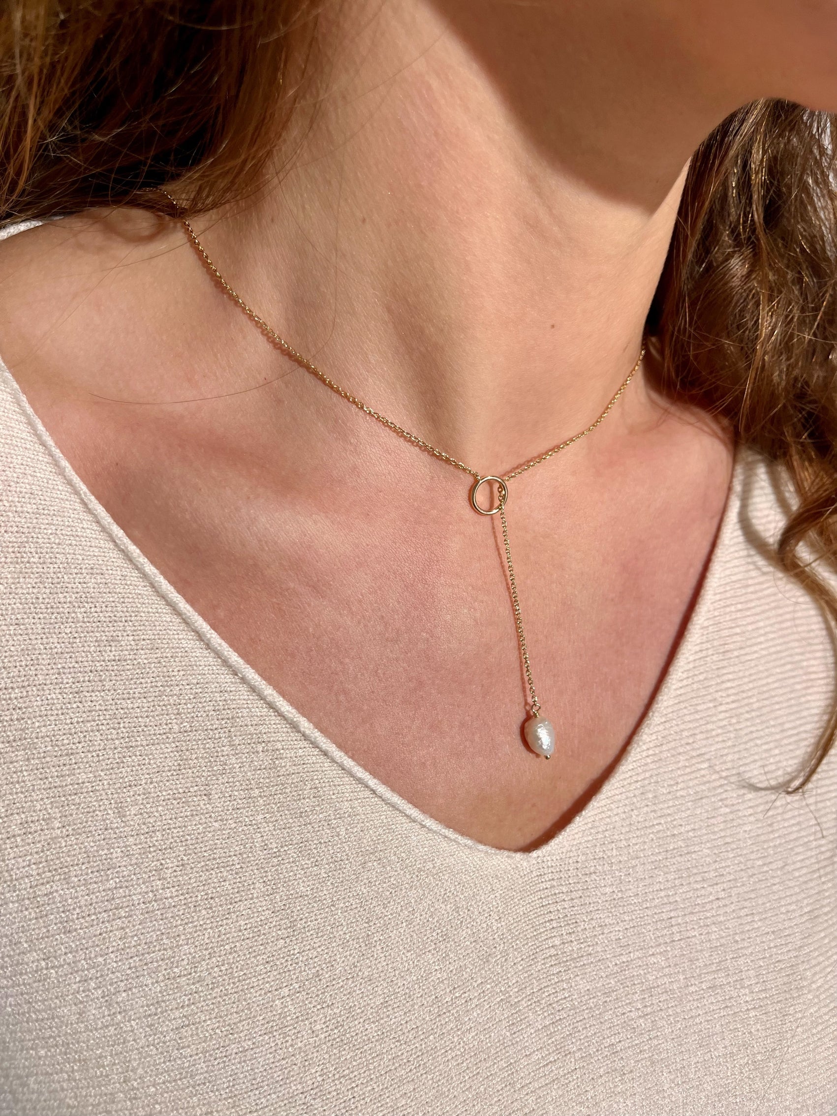 Collier cravate plaqué or & perle de culture