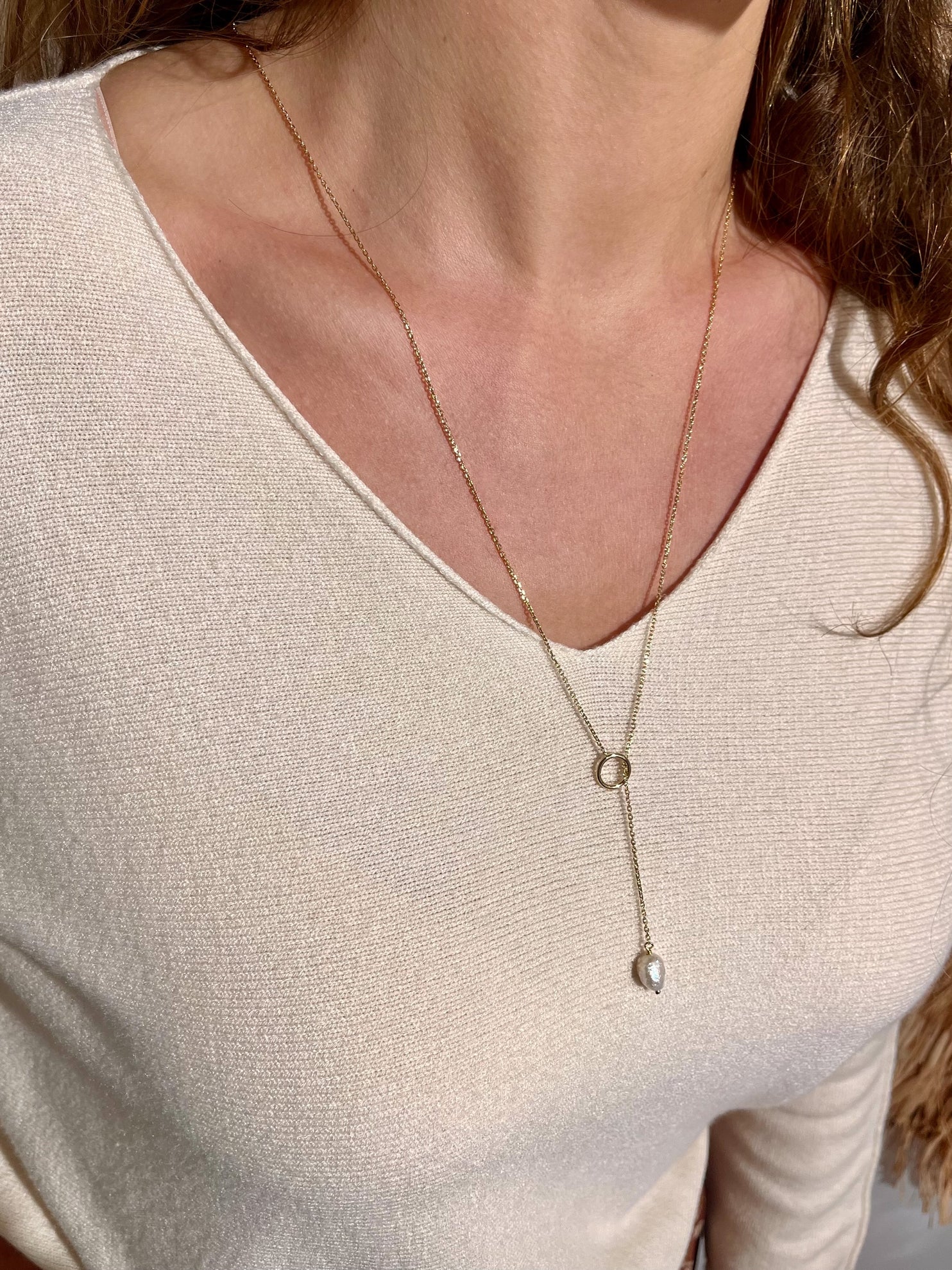 Collier cravate plaqué or & perle de culture