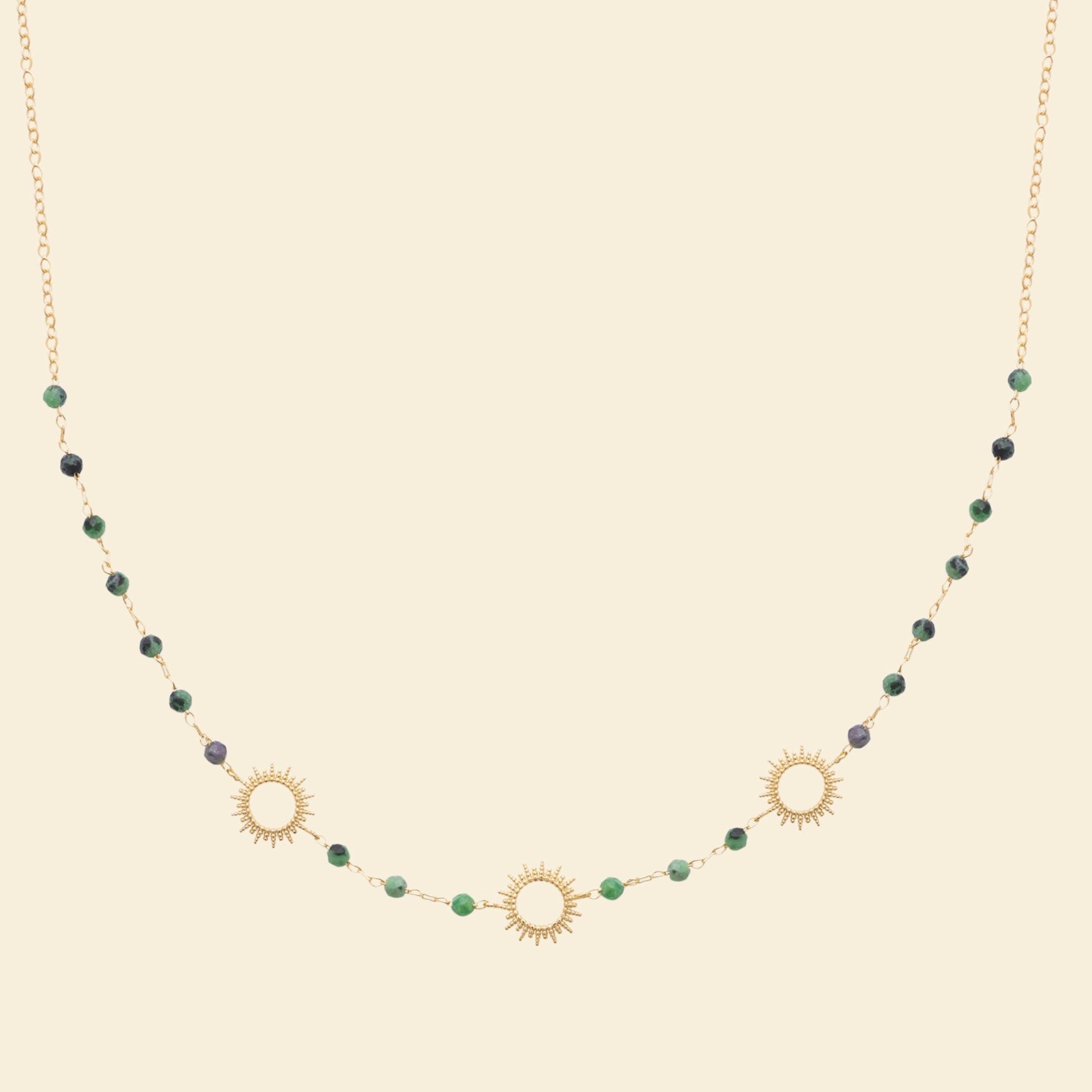 Collier soleil plaqué or - pierre de rubis zoisite