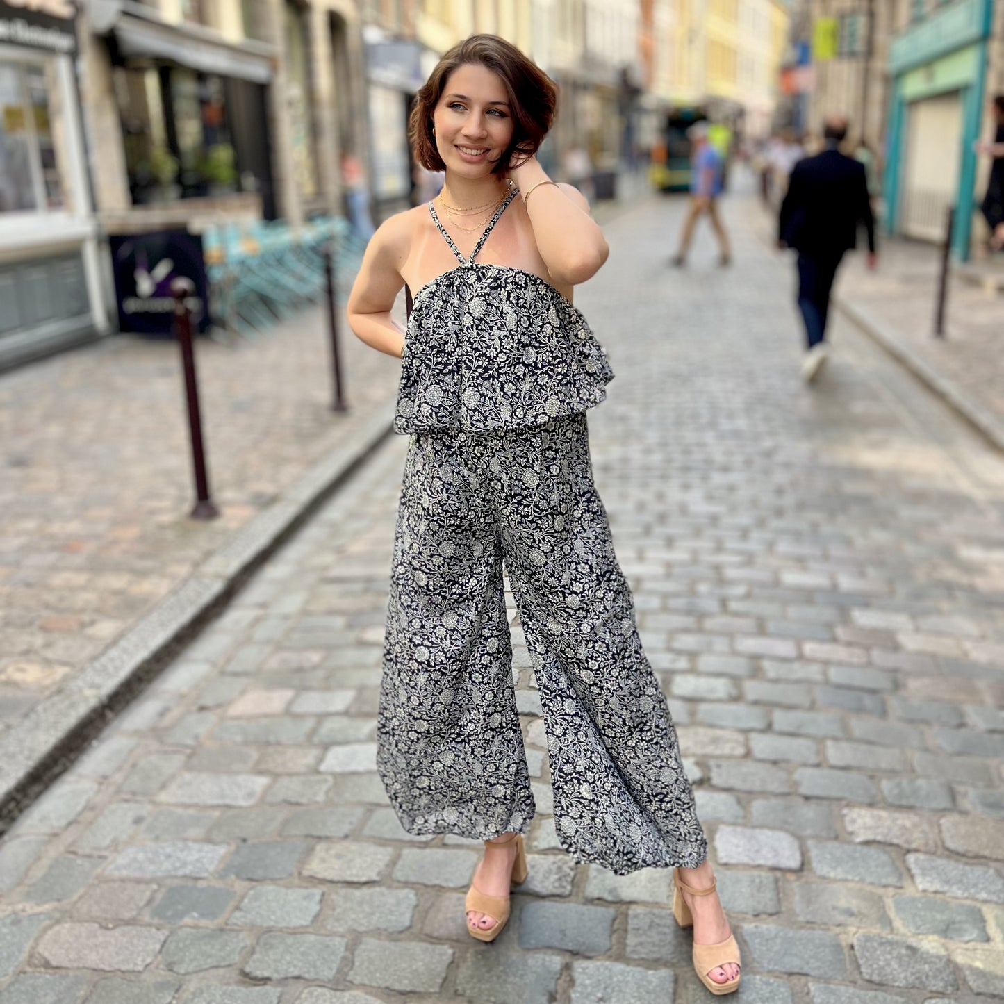 Combi pantalon fleurie NOIR