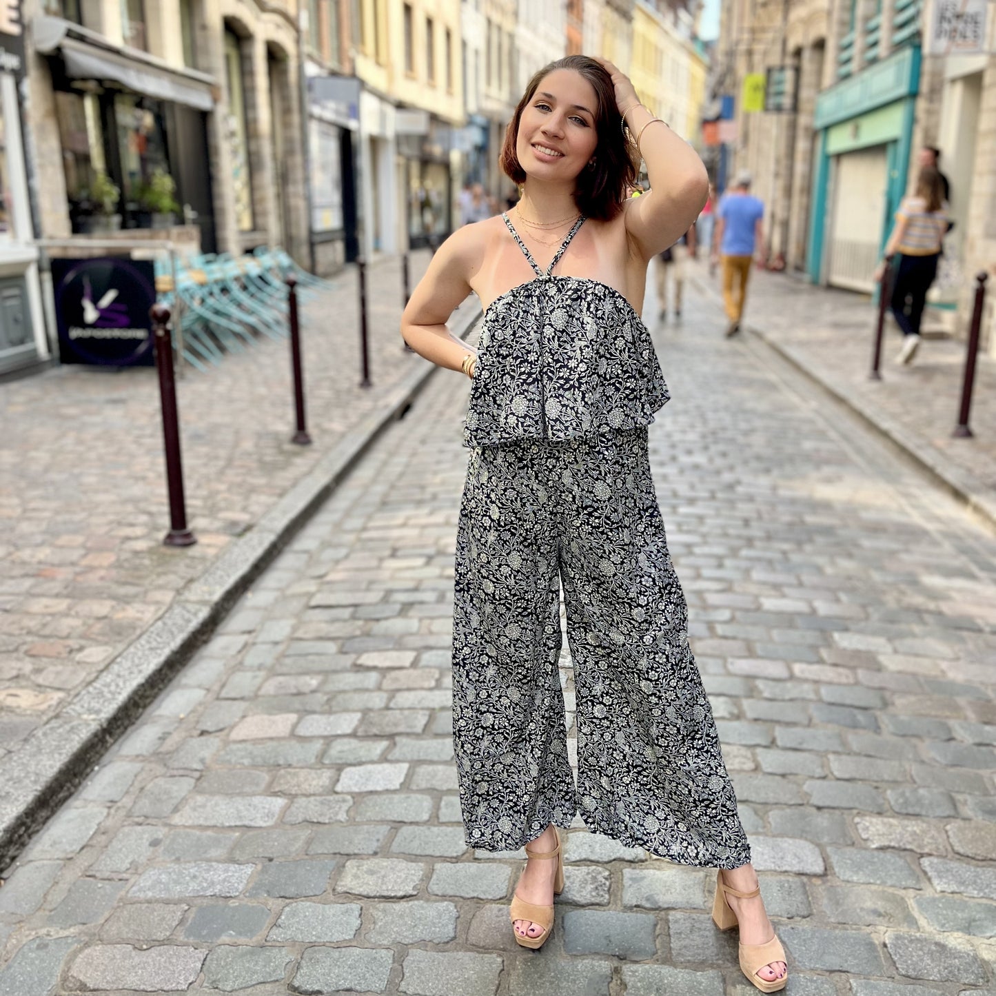 Combi pantalon fleurie NOIR