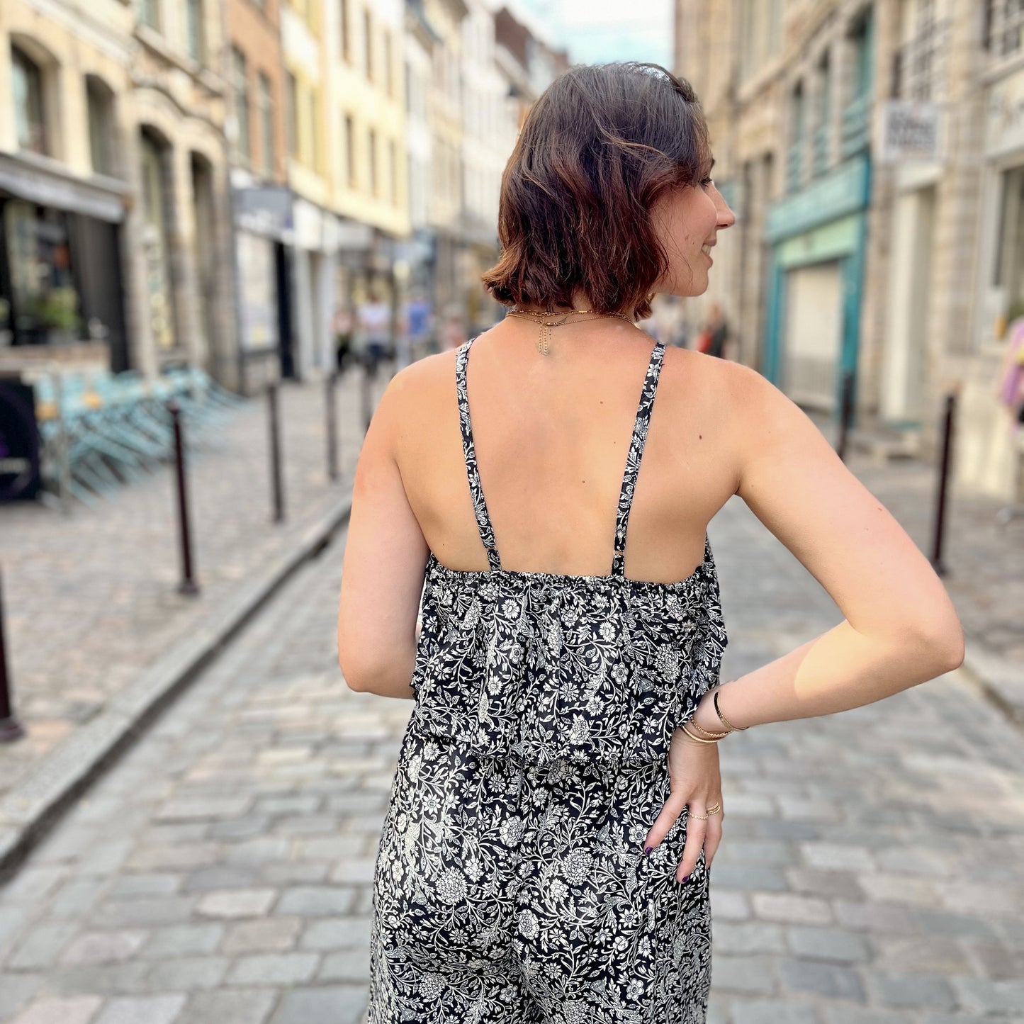 Combi pantalon fleurie NOIR