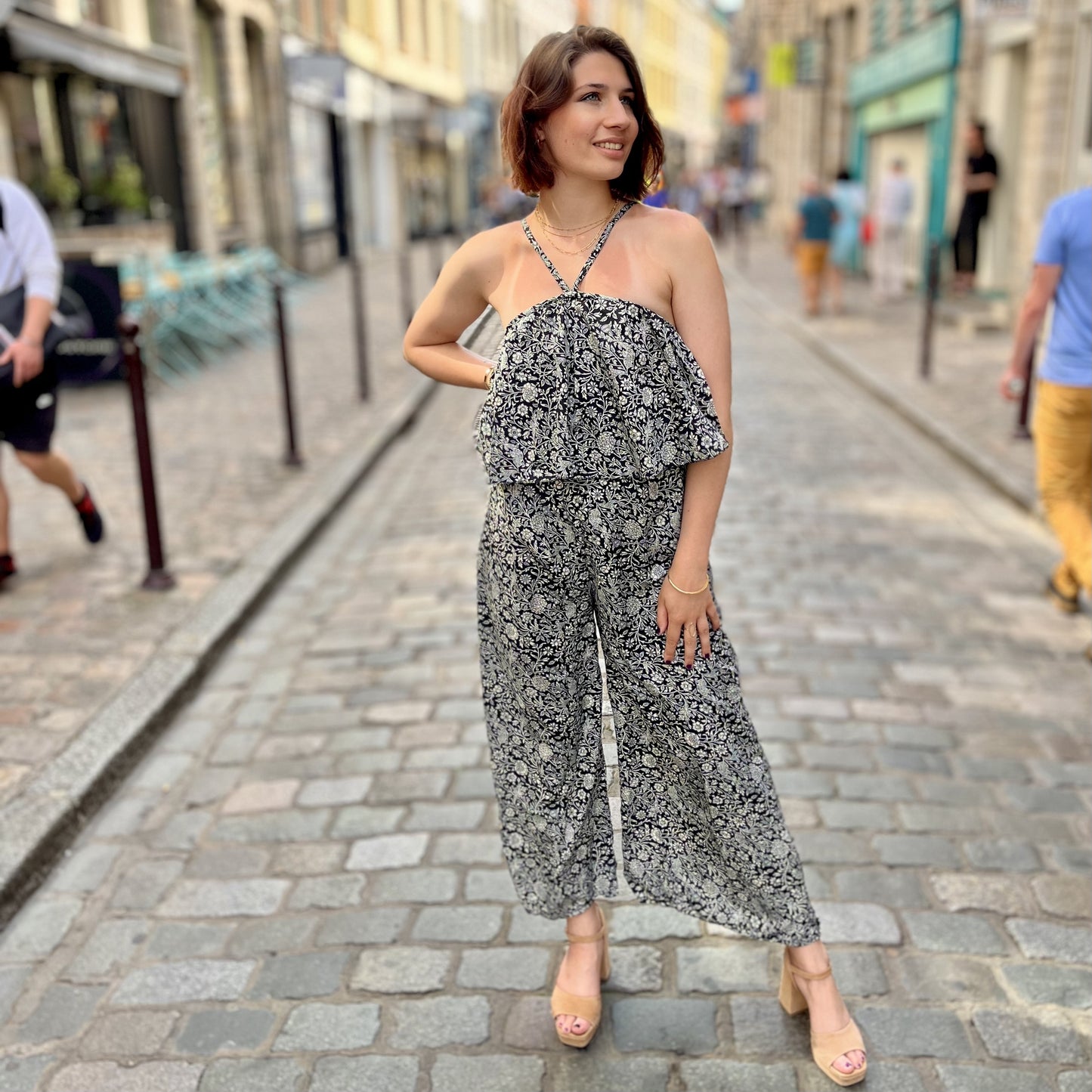 Combi pantalon fleurie NOIR