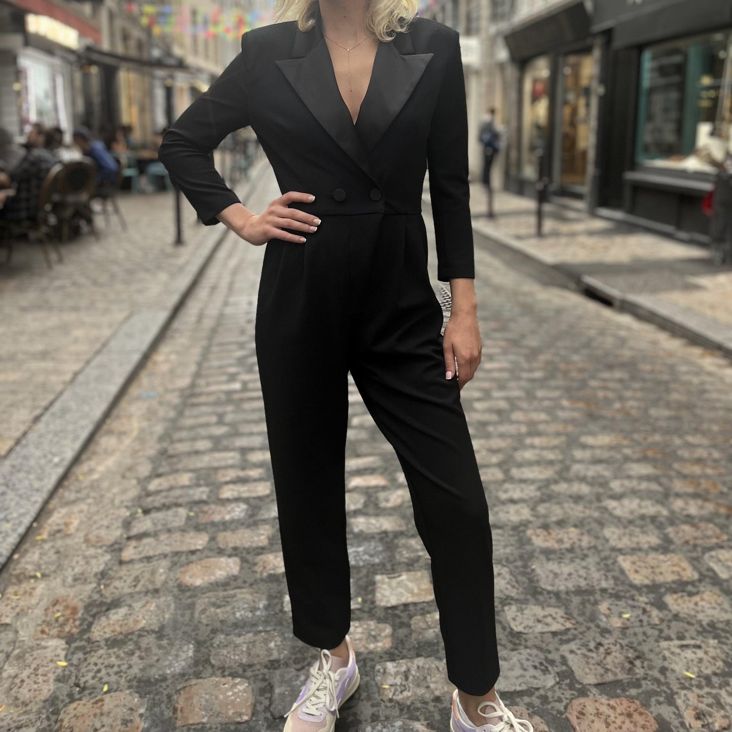 Combinaison pantalon smoking & revers satin NERO