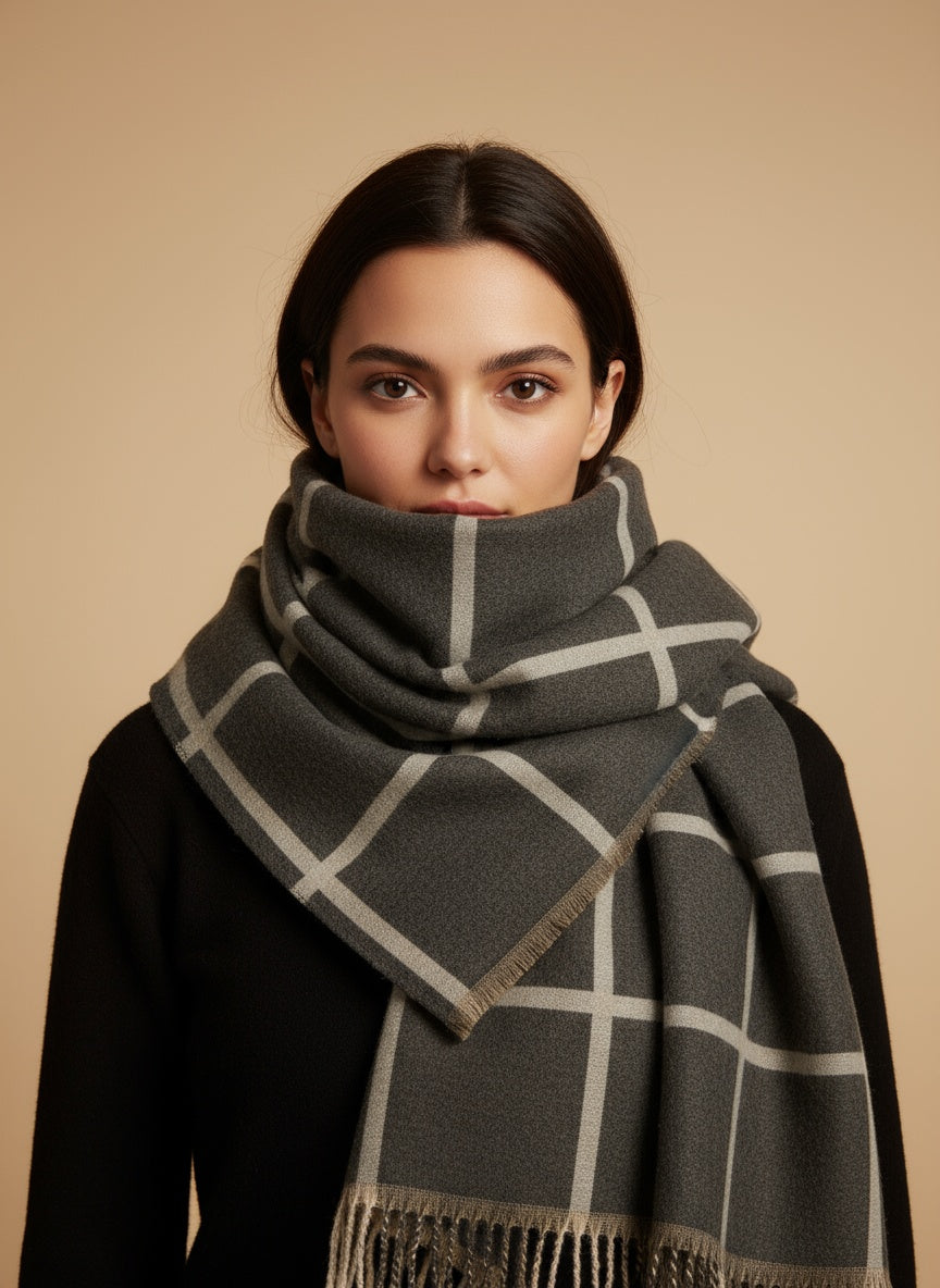 écharpe à carreaux 70x180 cm Flavie – viscose & laine GRIS FONCE/CLAIR