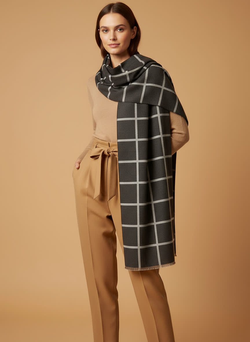 écharpe à carreaux 70x180 cm Flavie – viscose & laine GRIS FONCE/CLAIR