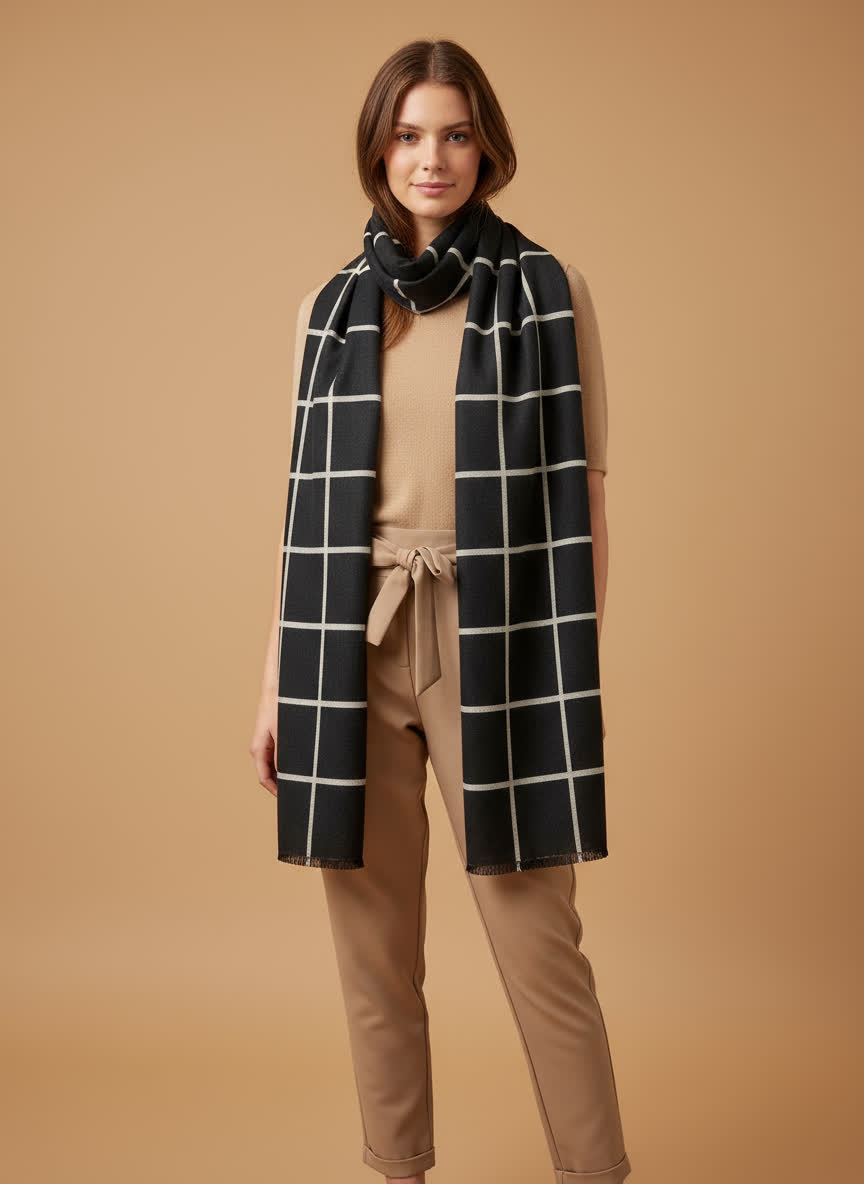 écharpe à carreaux 70x180 cm Flavie – viscose & laine NOIR/ECRU