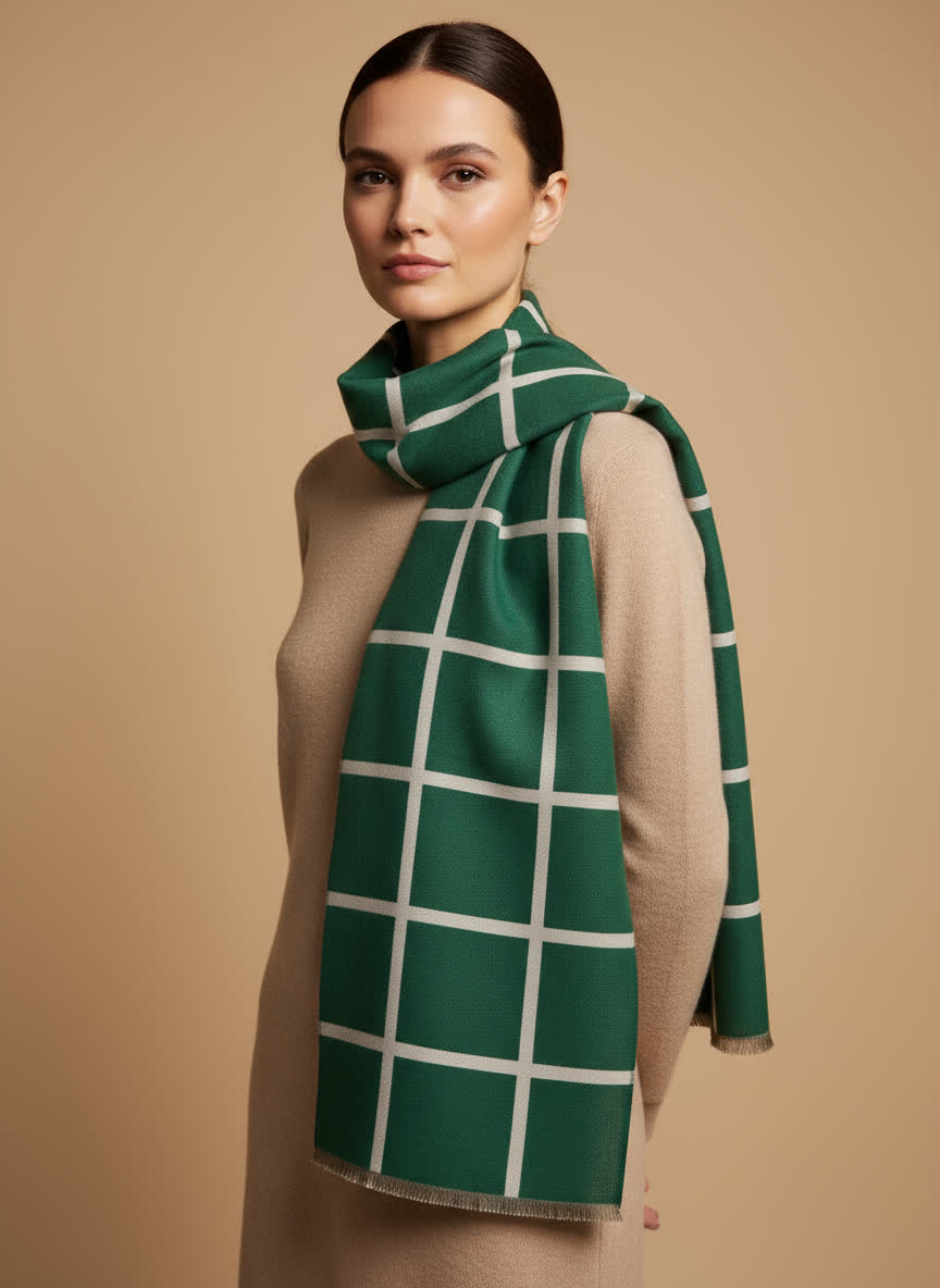 écharpe à carreaux 70x180 cm Flavie – viscose & laine VERT/ECRU