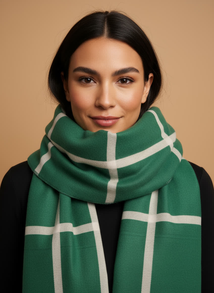 écharpe à carreaux 70x180 cm Flavie – viscose & laine VERT/ECRU