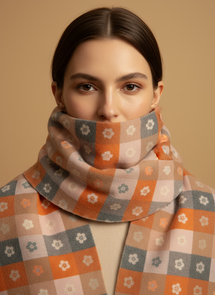 Echarpe fleuris 70x180 Pâquerette – viscose & laine CAMAIEU TAUPE