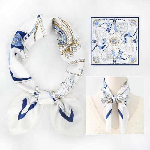 Foulard carré satiné 70x70 cm - imprimé graphique BLANC/BLEU