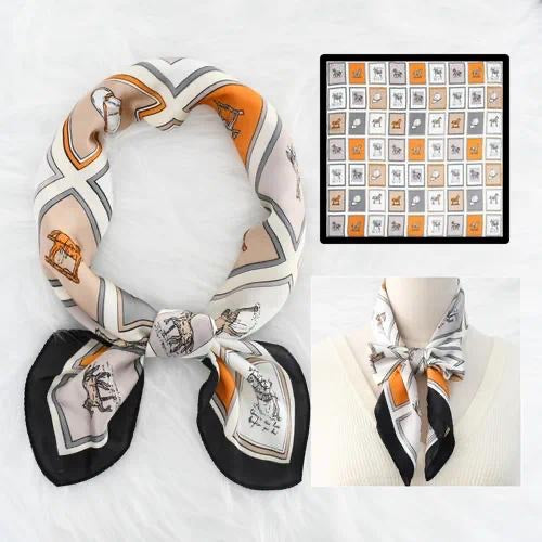 Foulard carré satiné 70x70 cm - imprimé graphique NOIR/ORANGE