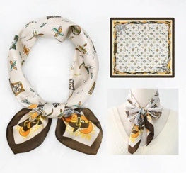 Foulard carré satiné 70x70 cm - imprimé graphique TAUPE/CHOCO