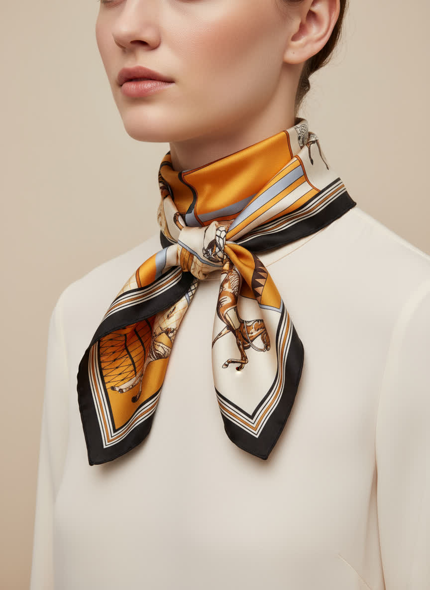 Foulard imprimé 70x70 ORANGE/CHEVAUX