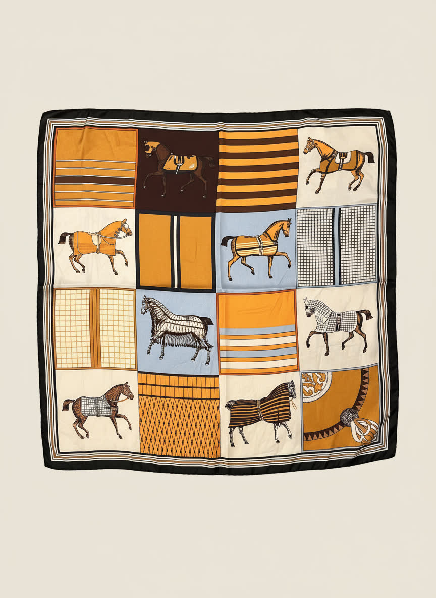 Foulard imprimé 70x70 ORANGE/CHEVAUX