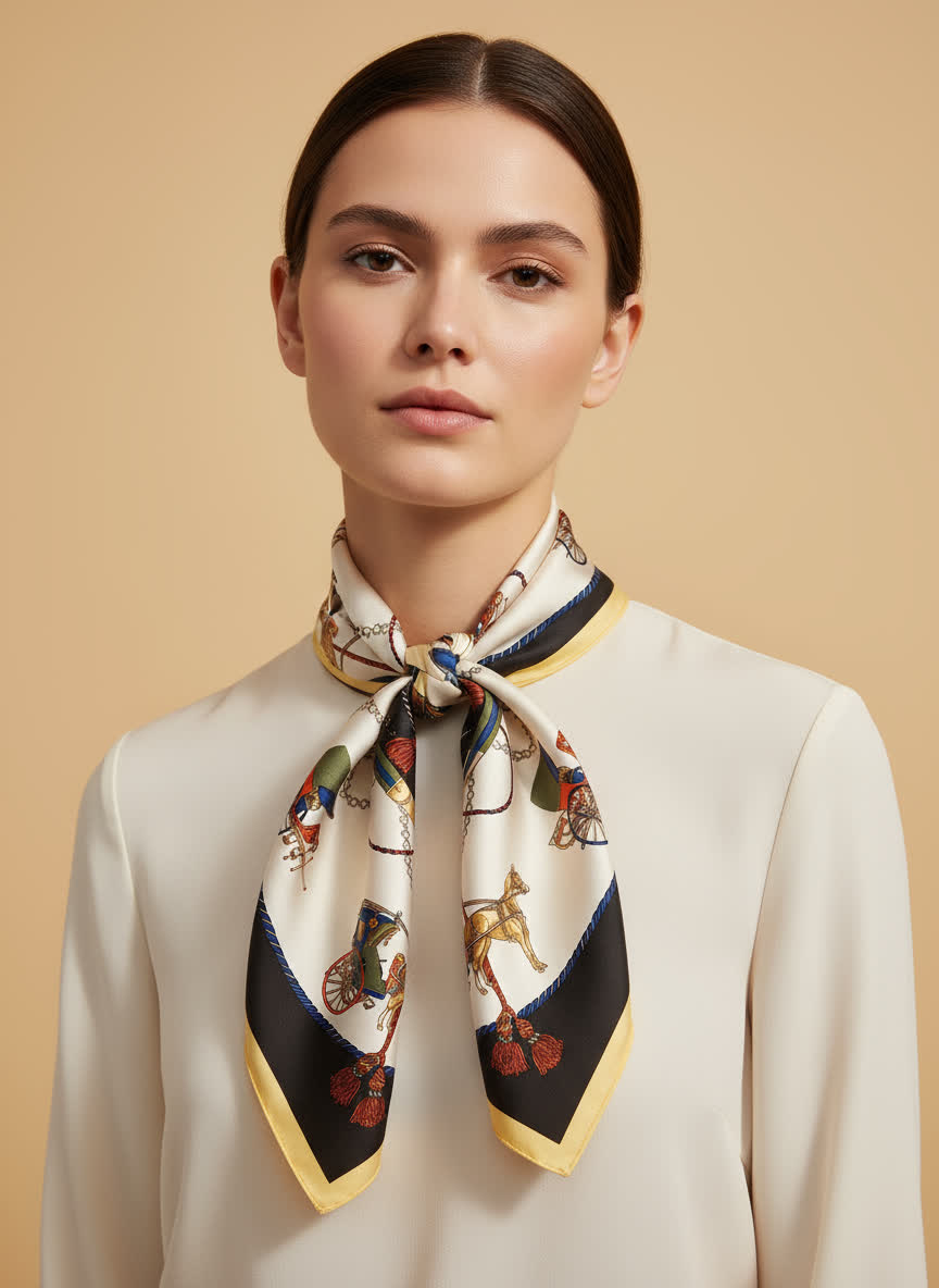 Foulard imprimé carrosses & chaînes 60x60 JAUNE/MARINE IMP