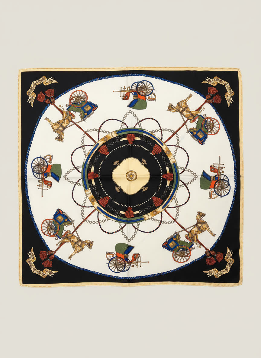 Foulard imprimé carrosses & chaînes 60x60 JAUNE/MARINE IMP