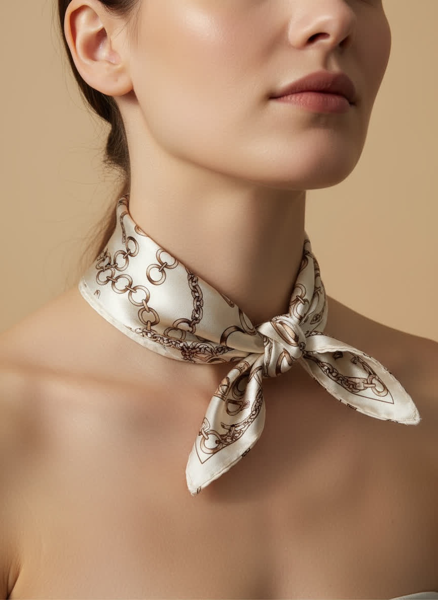 Foulard imprimé chaînes dorées – ivoire ou bleu pastel BEIGE/TAUPE