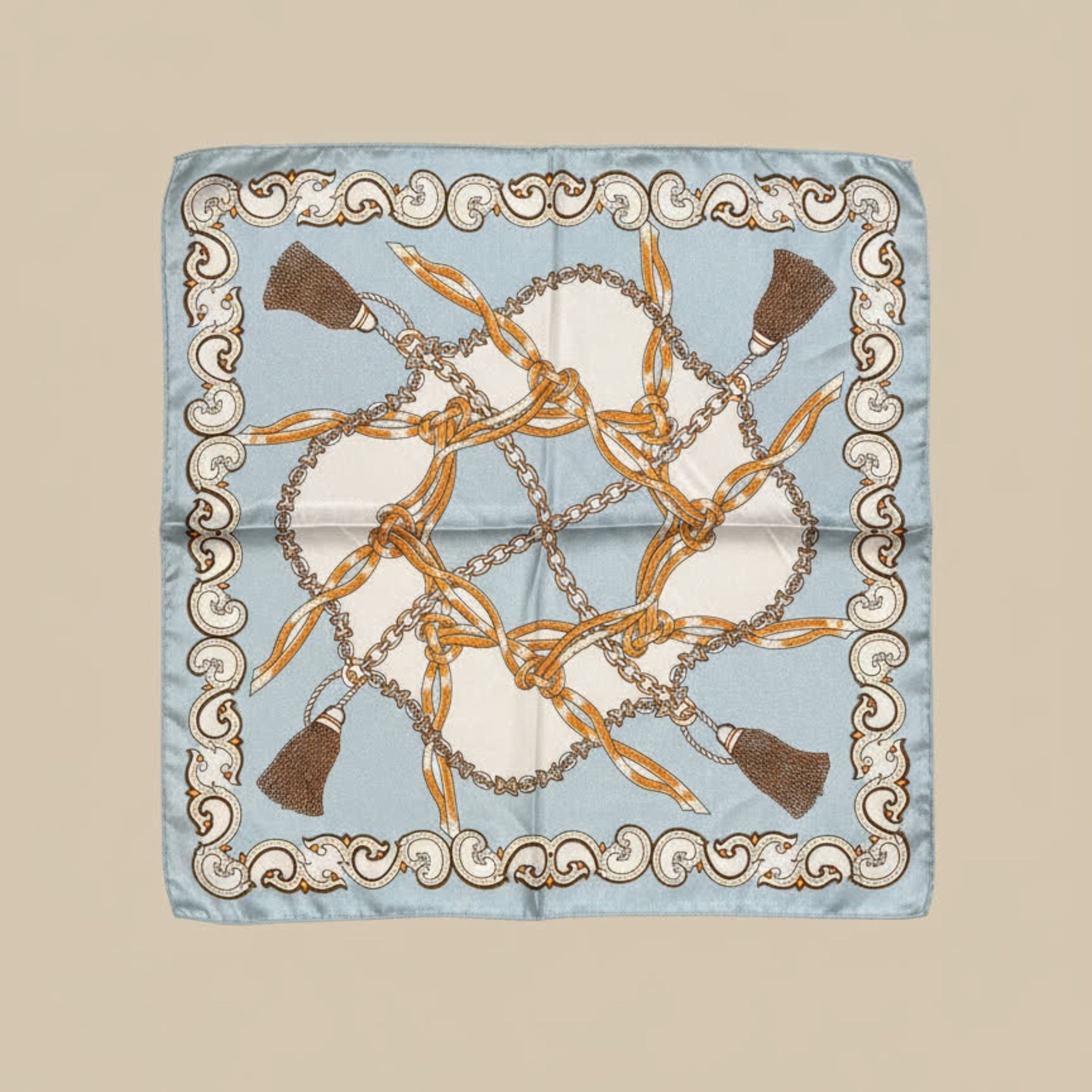 Foulard imprimé chaînes dorées – ivoire ou bleu pastel TURQUOISE/CAMEL