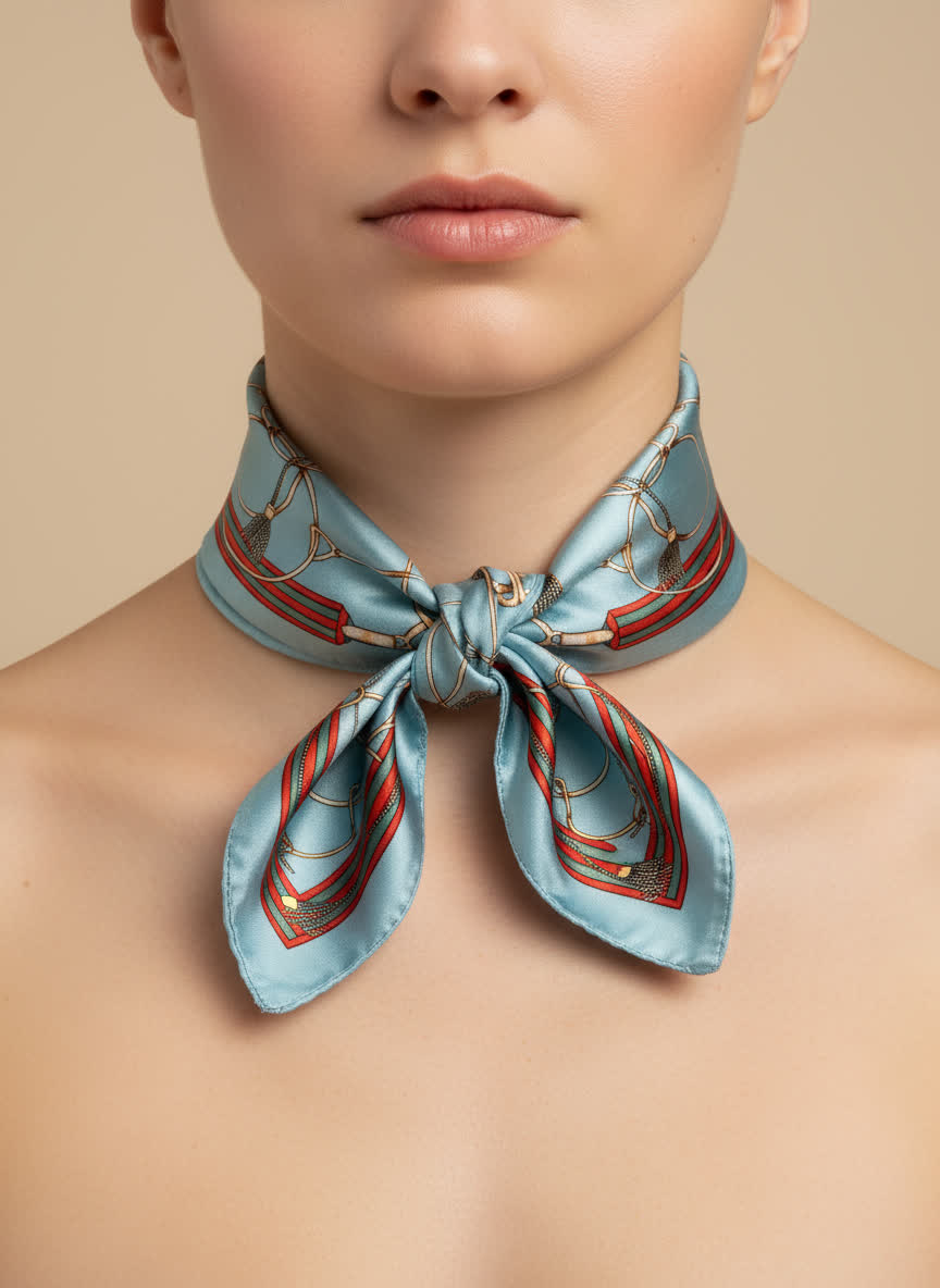 Foulard satiné à motif baroque - 50x50 cm TURQUOISE/MARRON