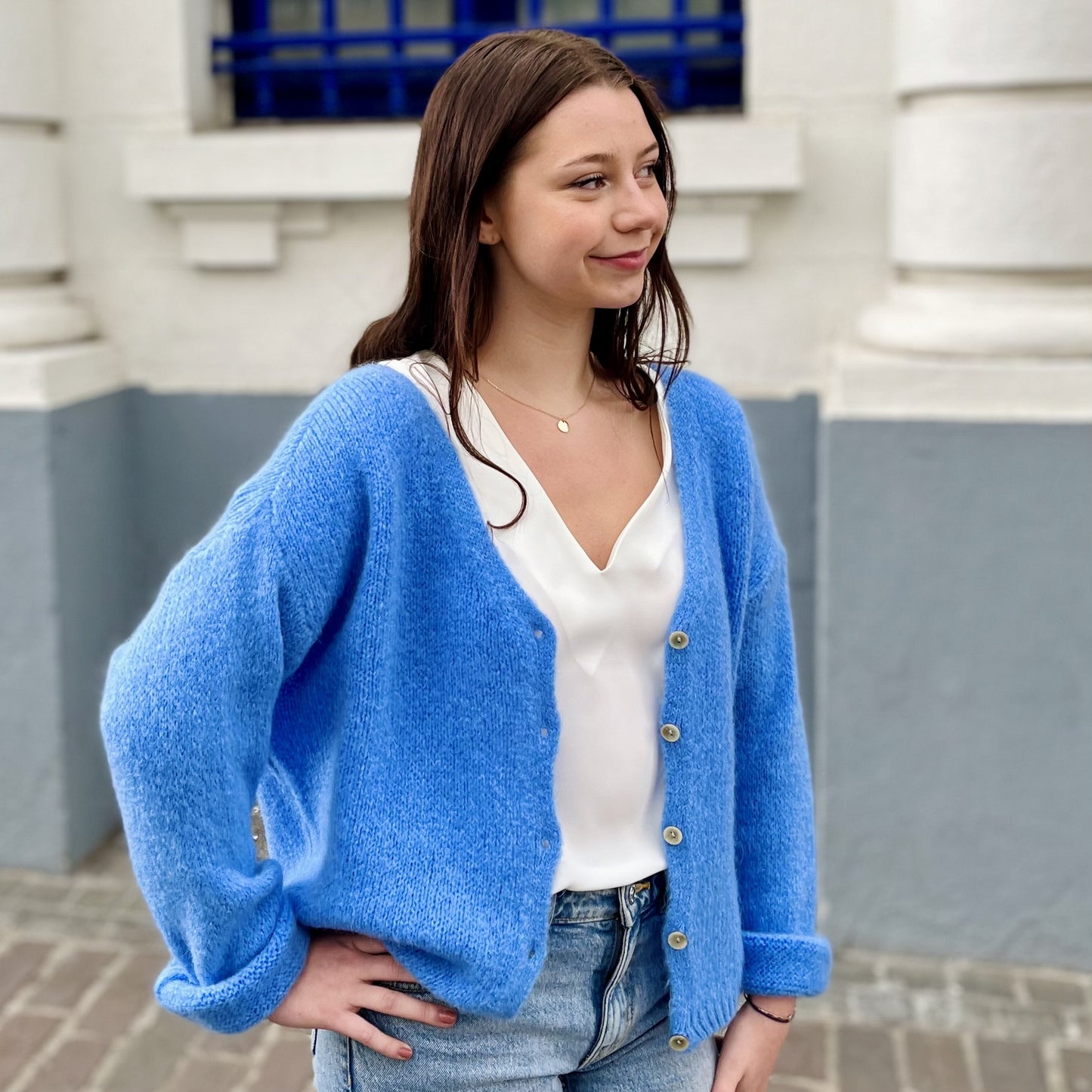 Gilet ajouré et boutons BLEU JEAN
