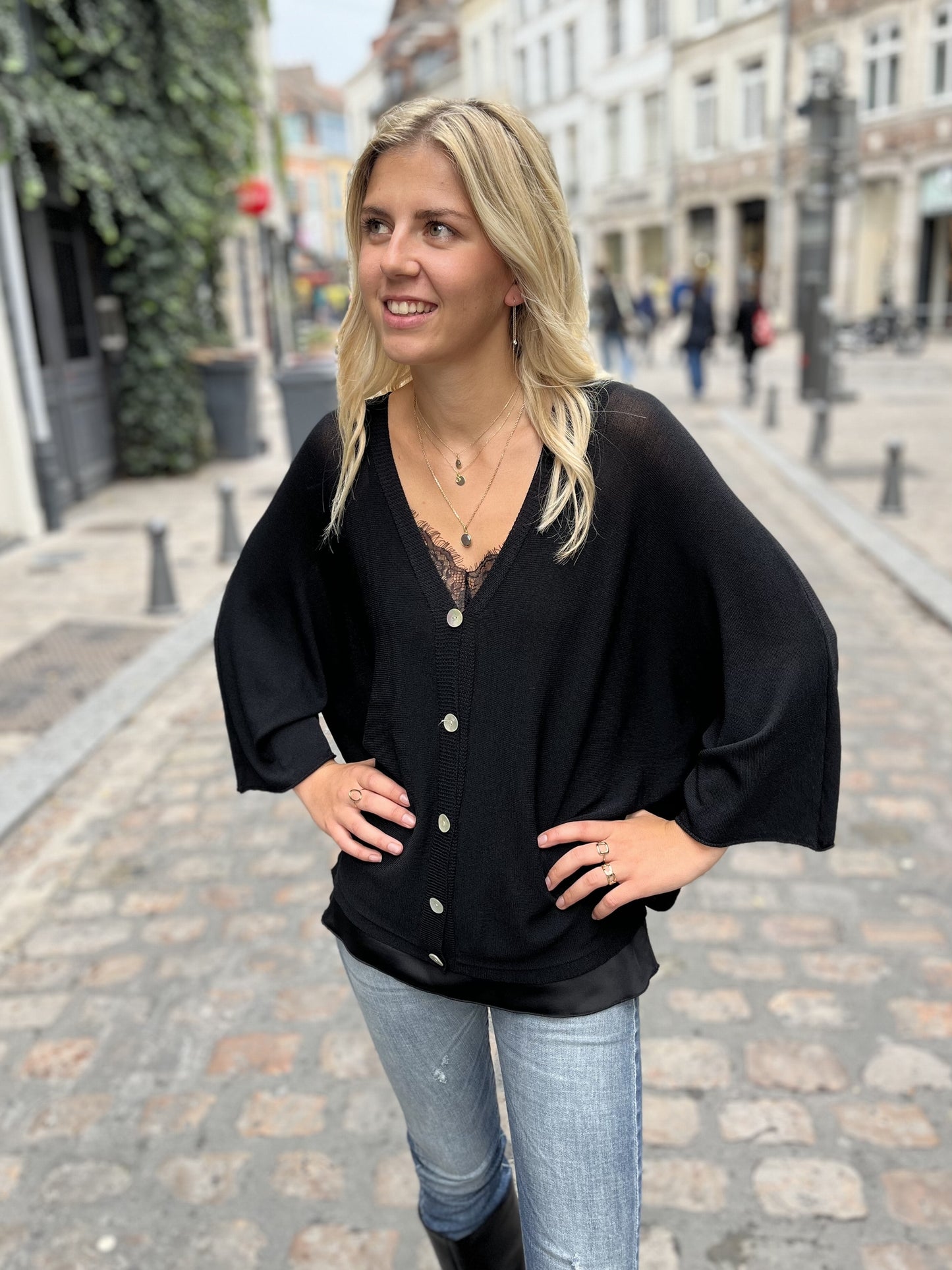 Gilet en maille fine à manche ¾ NOIR