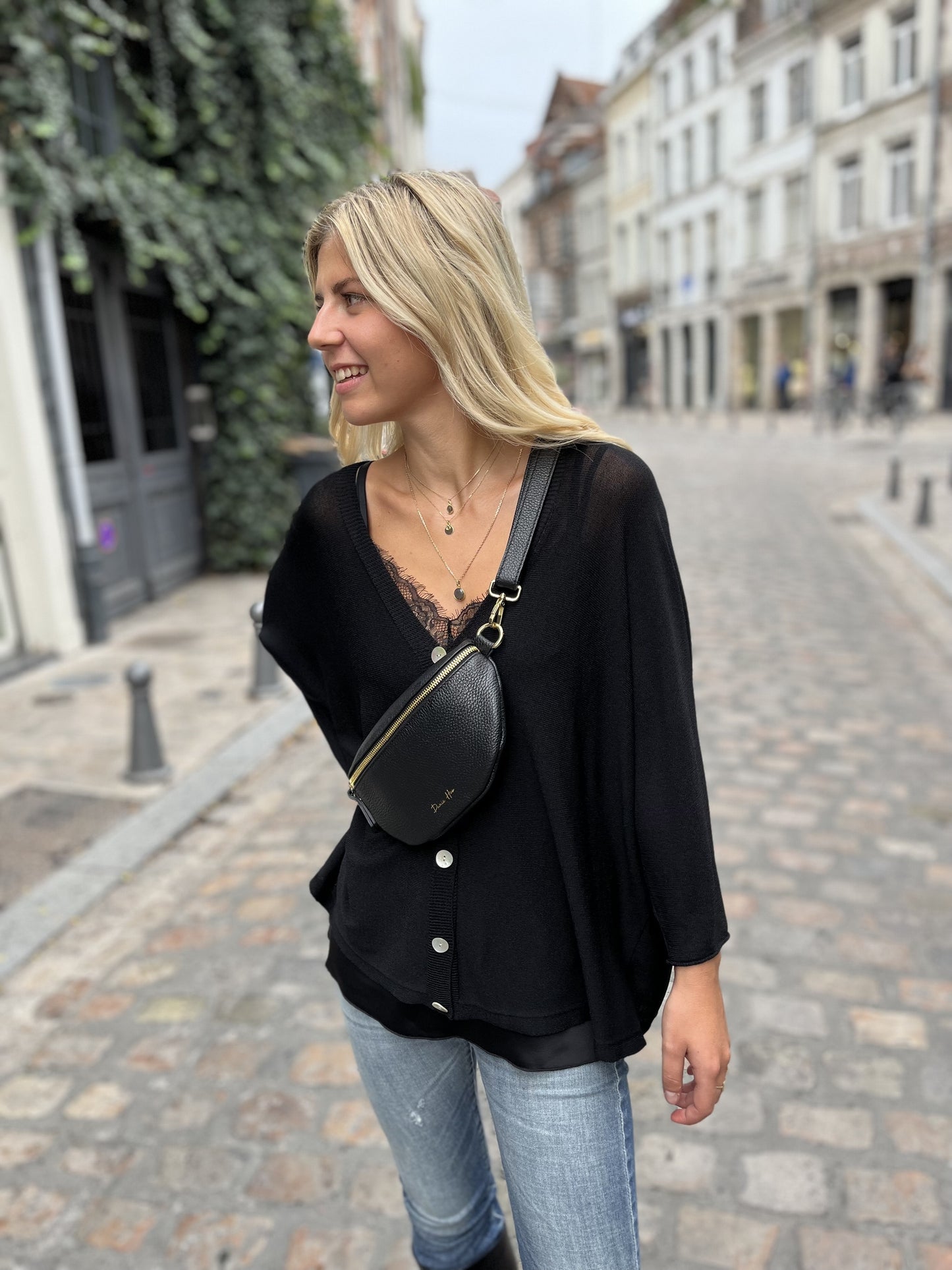 Gilet en maille fine à manche ¾ NOIR