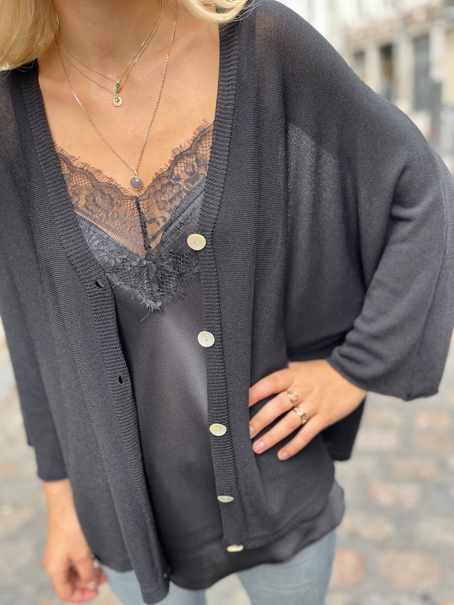 Gilet en maille fine à manche ¾ NOIR