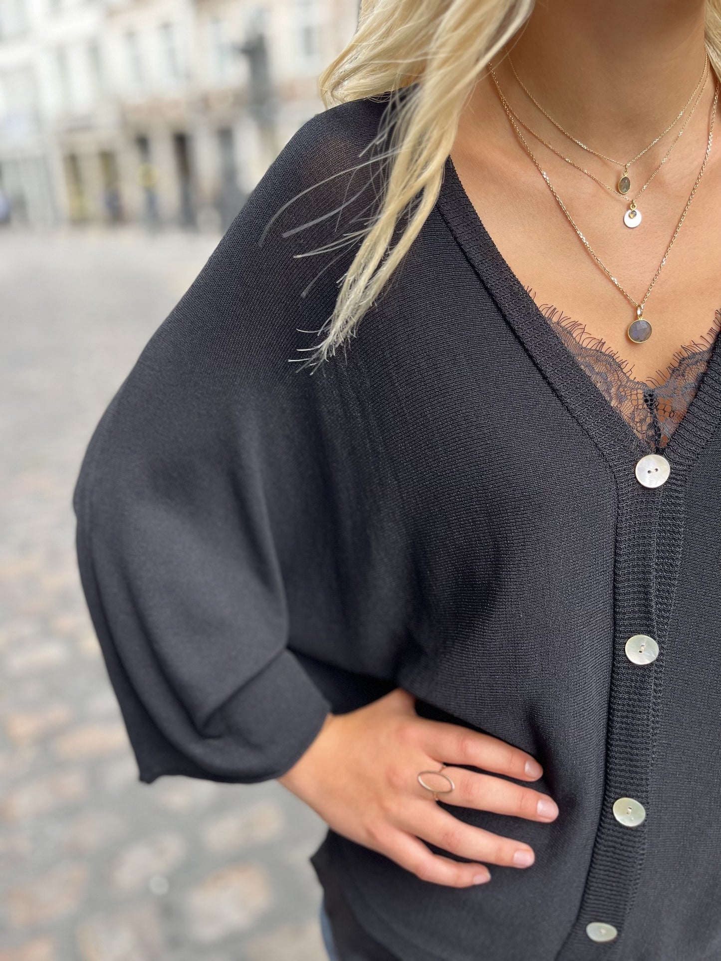 Gilet en maille fine à manche ¾ NOIR