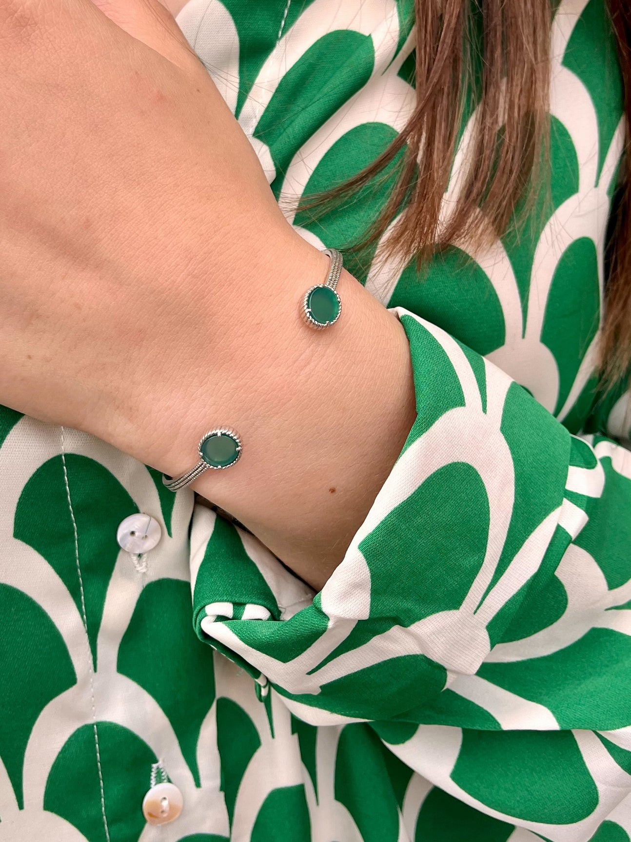Jonc argent rhodié Agate vert