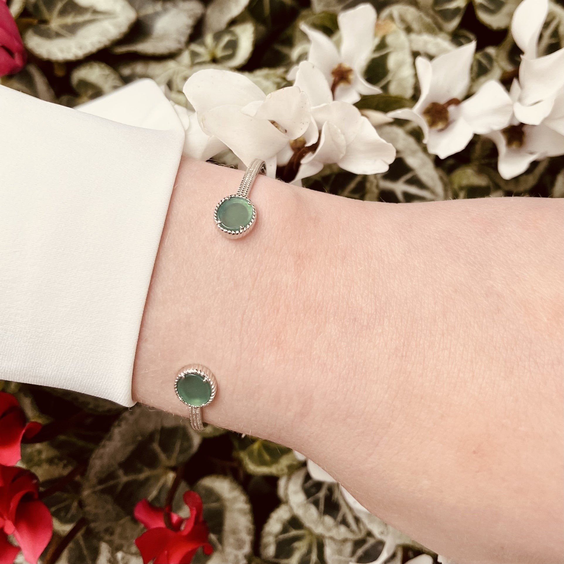 Jonc argent rhodié Agate vert