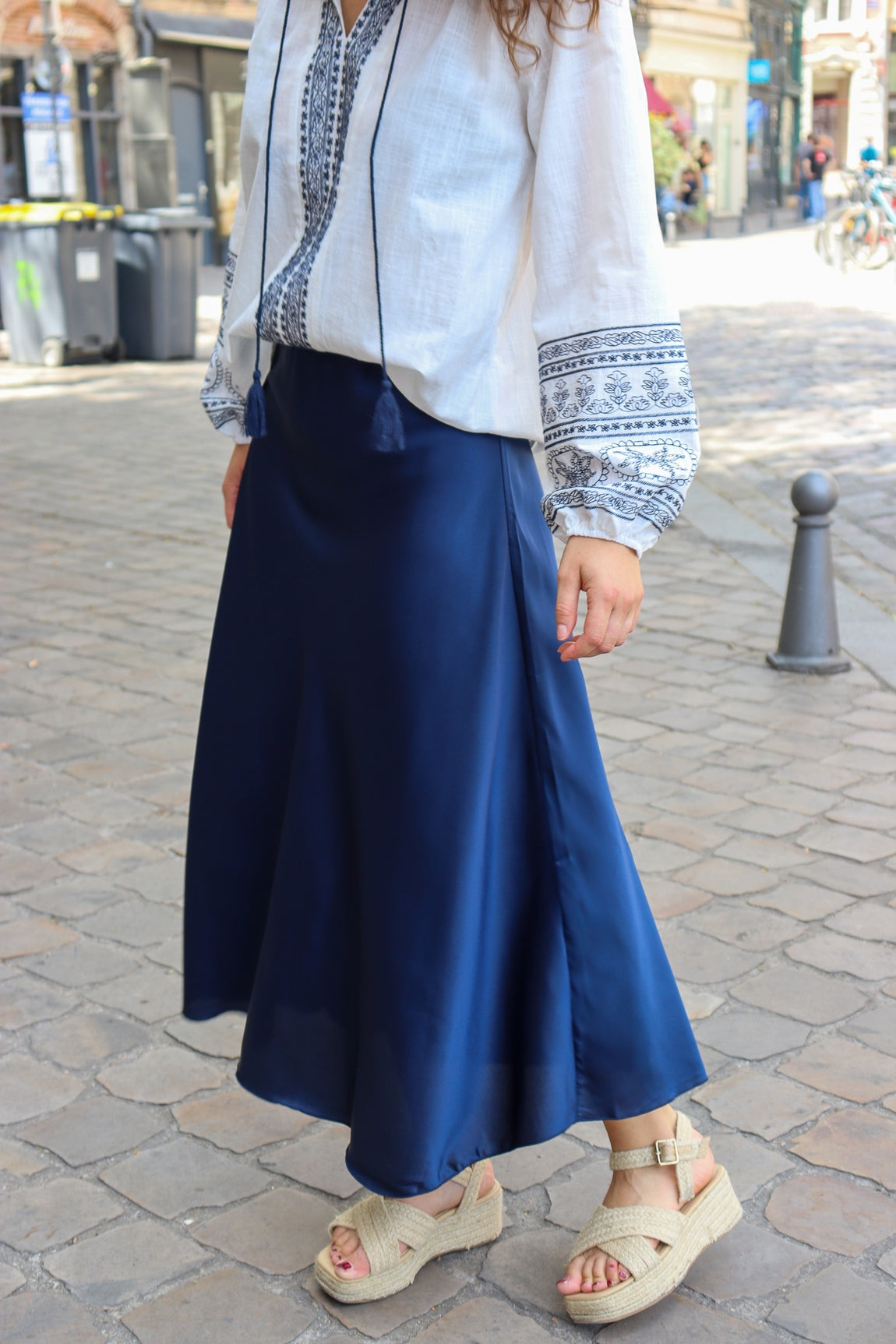 Jupe longue satin Mélina MARINE