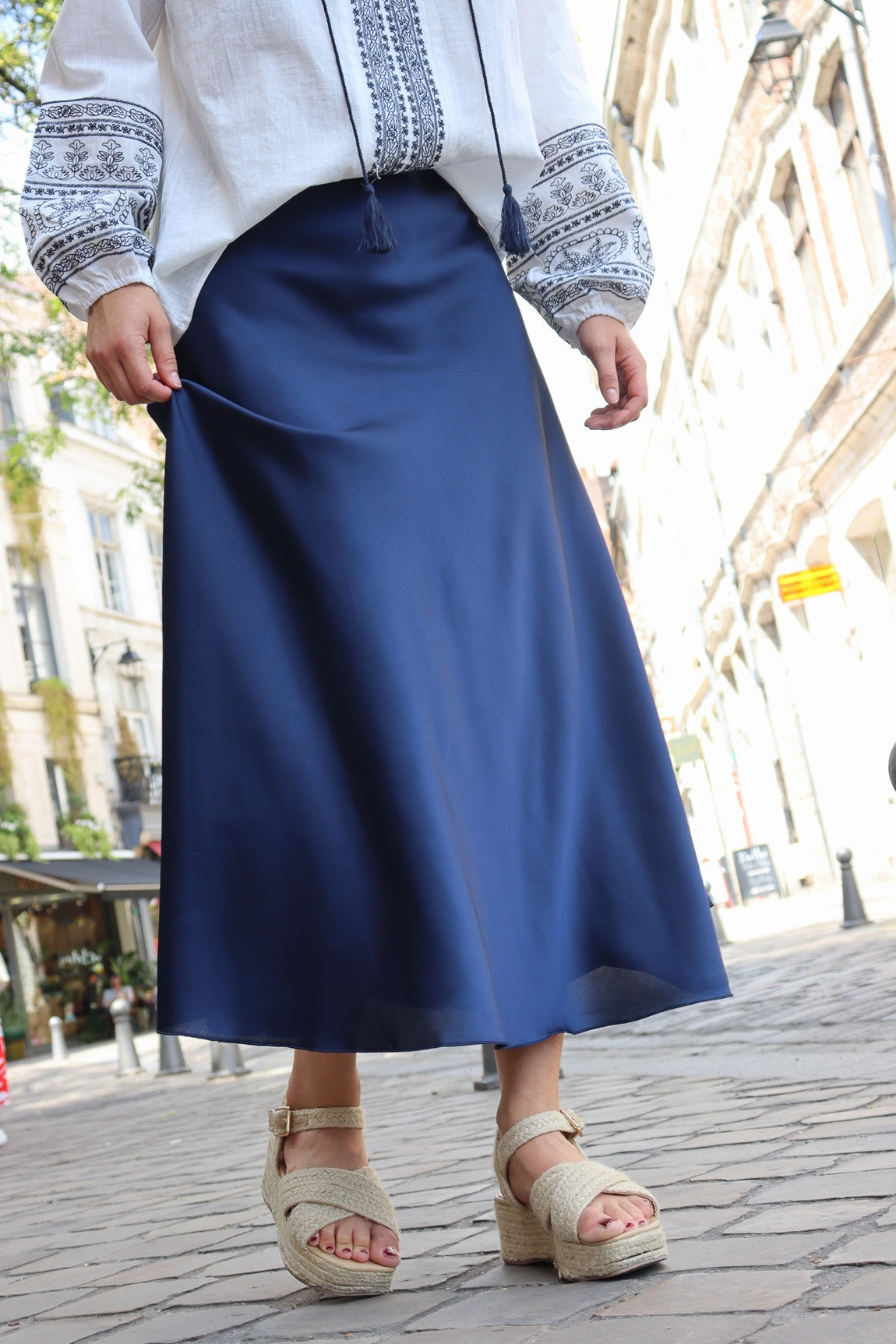 Jupe longue satin Mélina MARINE