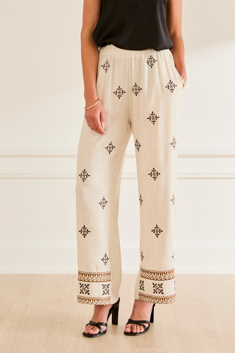 Pantalon large brodé lin BEIGE/NOIR