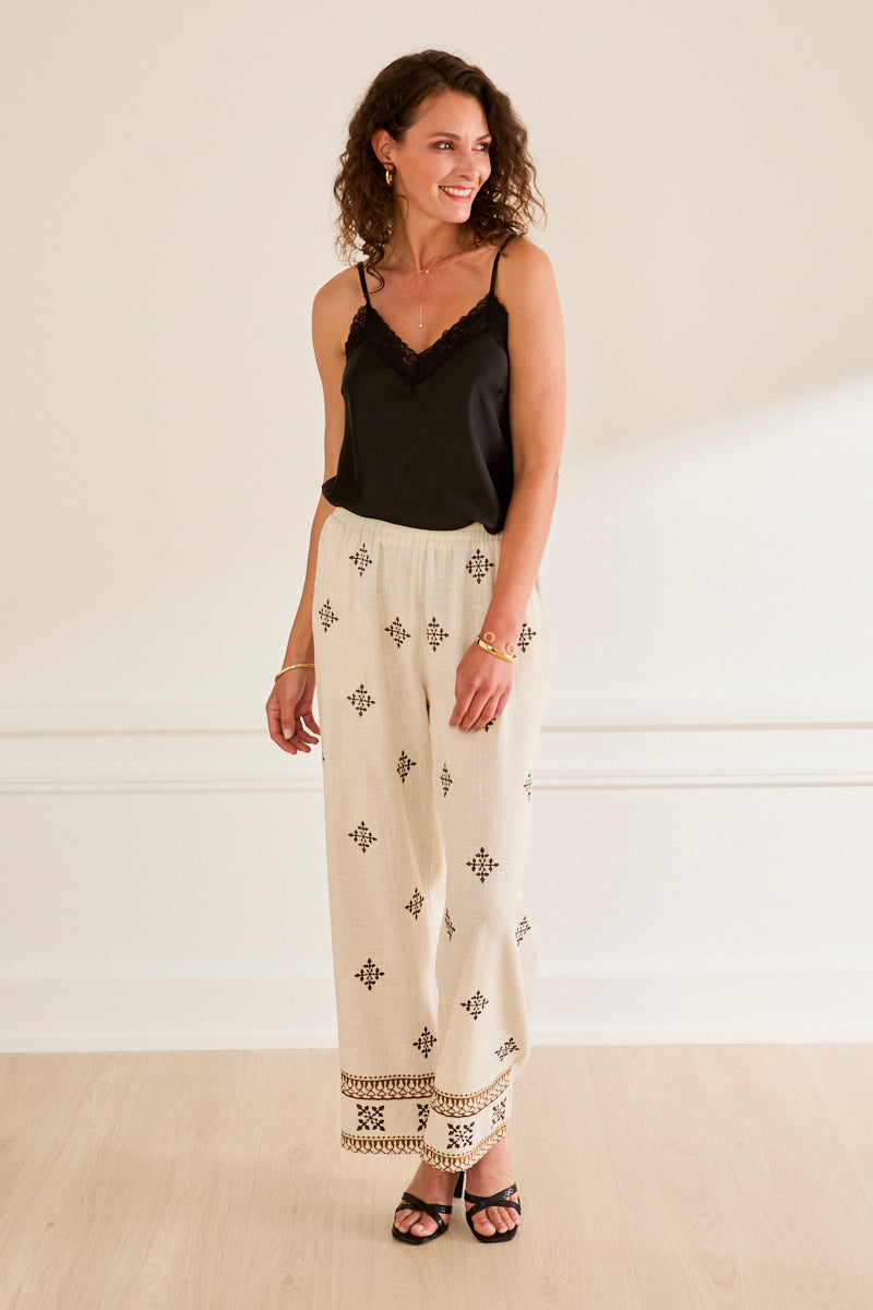 Pantalon large brodé lin BEIGE/NOIR