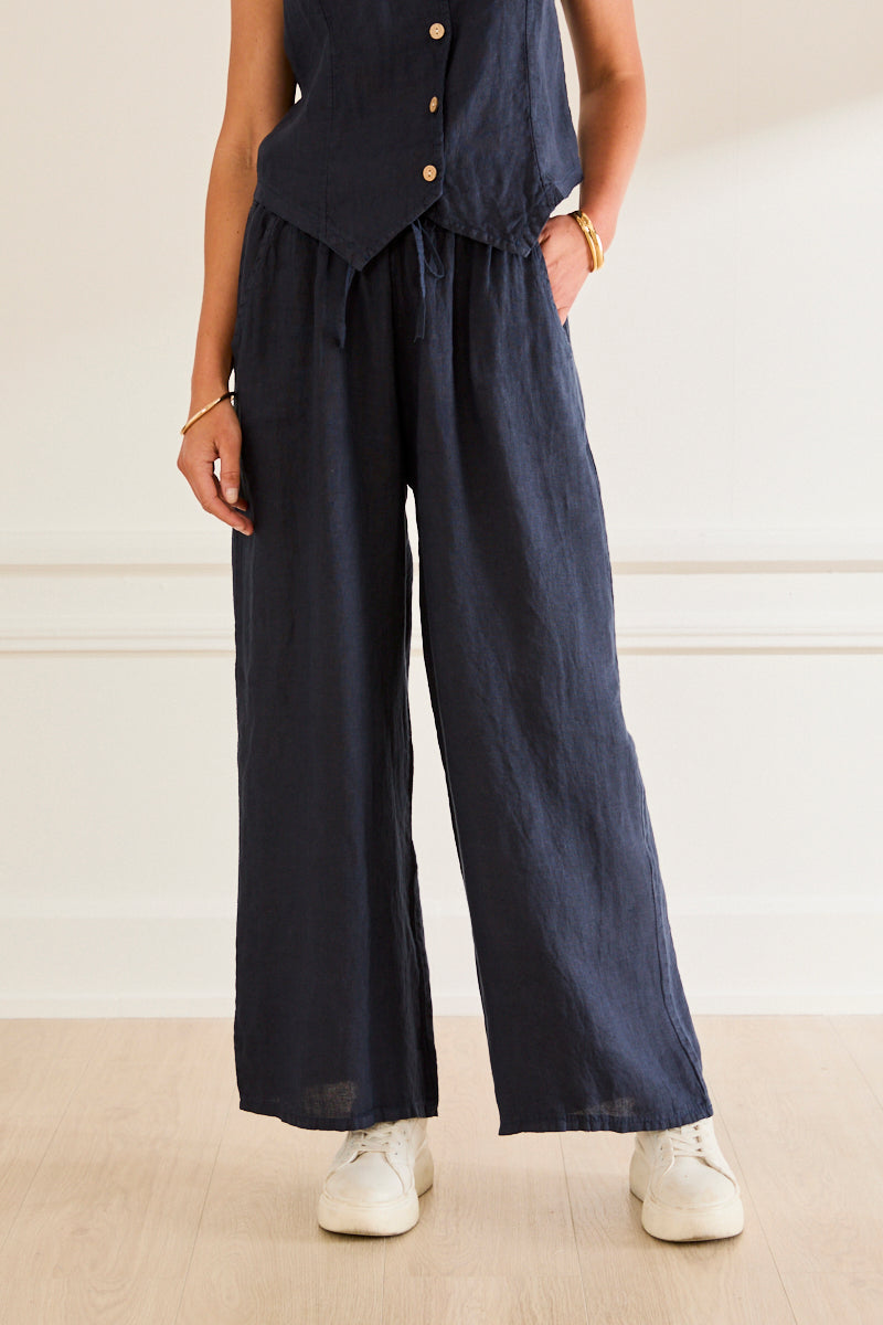 Pantalon large en lin Noémie – taille élastiquée MARINE