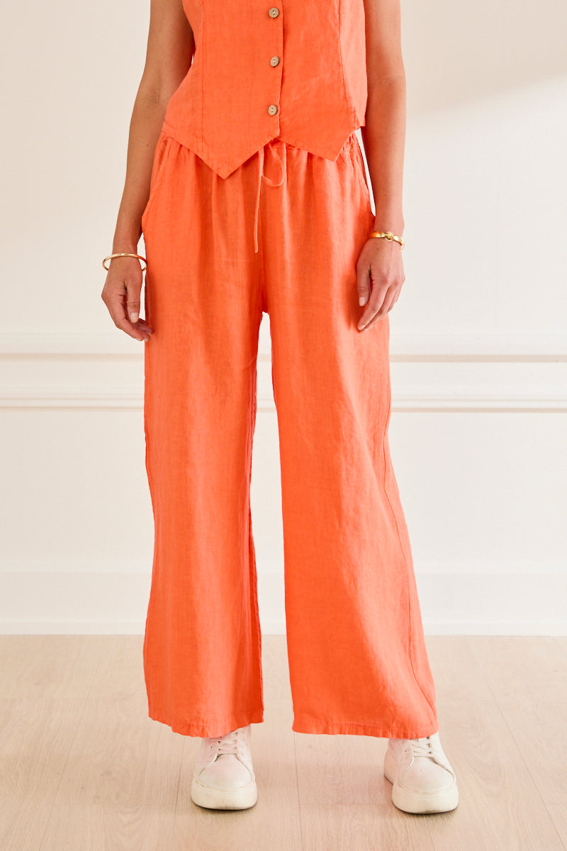 Pantalon large en lin Noémie – taille élastiquée ORANGE