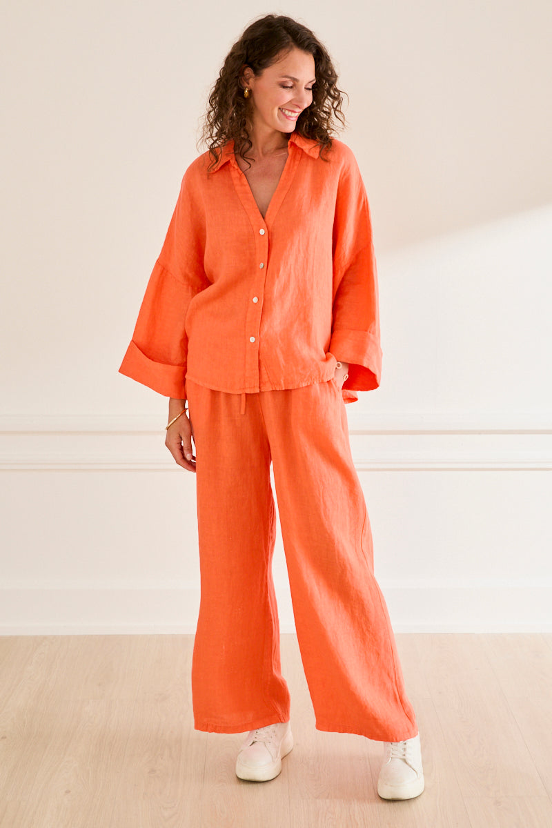 Pantalon large en lin Noémie – taille élastiquée ORANGE