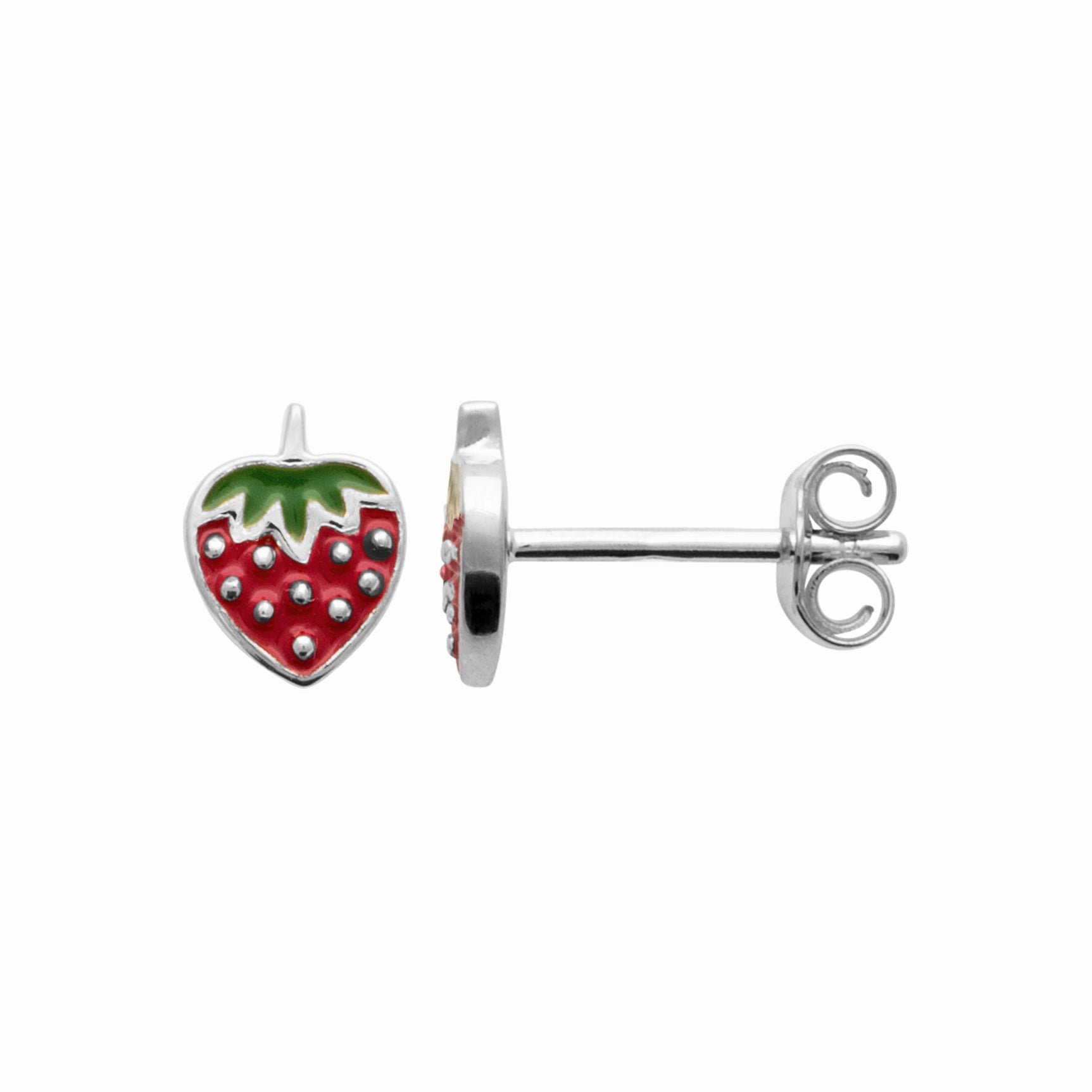 Puces fraise argent rhodié - émail