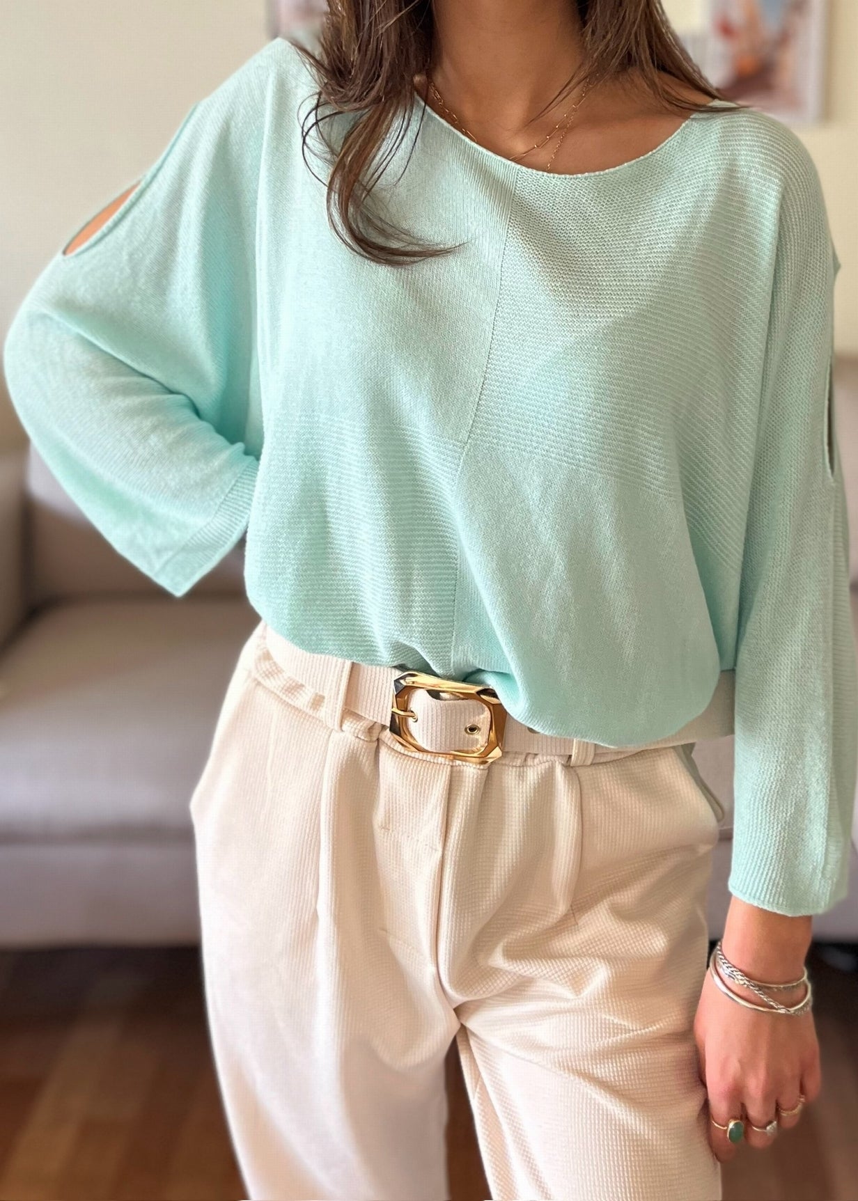 Pull col rond épaule dénudée TURQUOISE