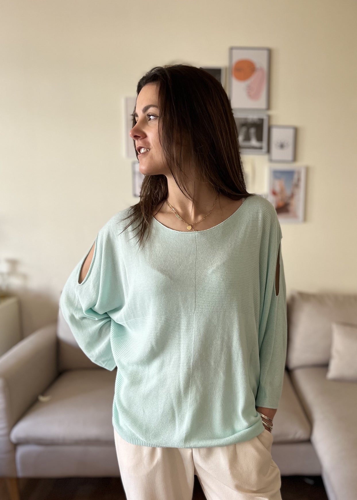 Pull col rond épaule dénudée TURQUOISE