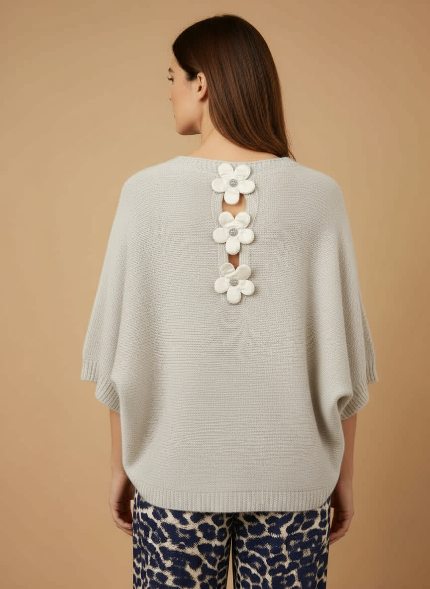 Pull maille douce Flower - fleurs dans le dos ECRU