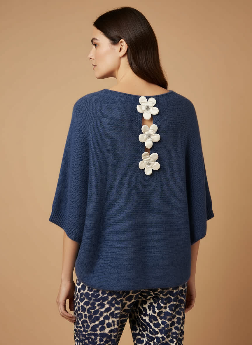 Pull maille douce Flower - fleurs dans le dos MARINE