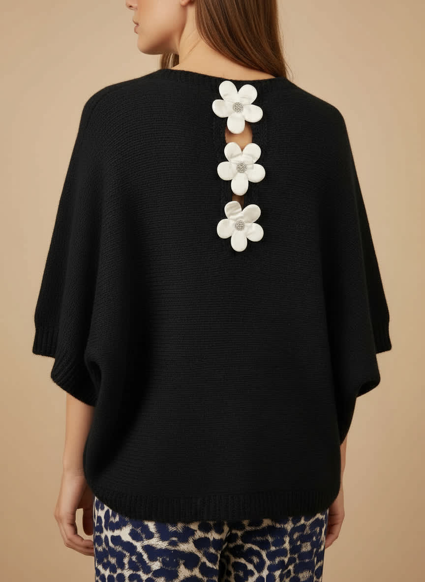 Pull maille douce Flower - fleurs dans le dos NOIR