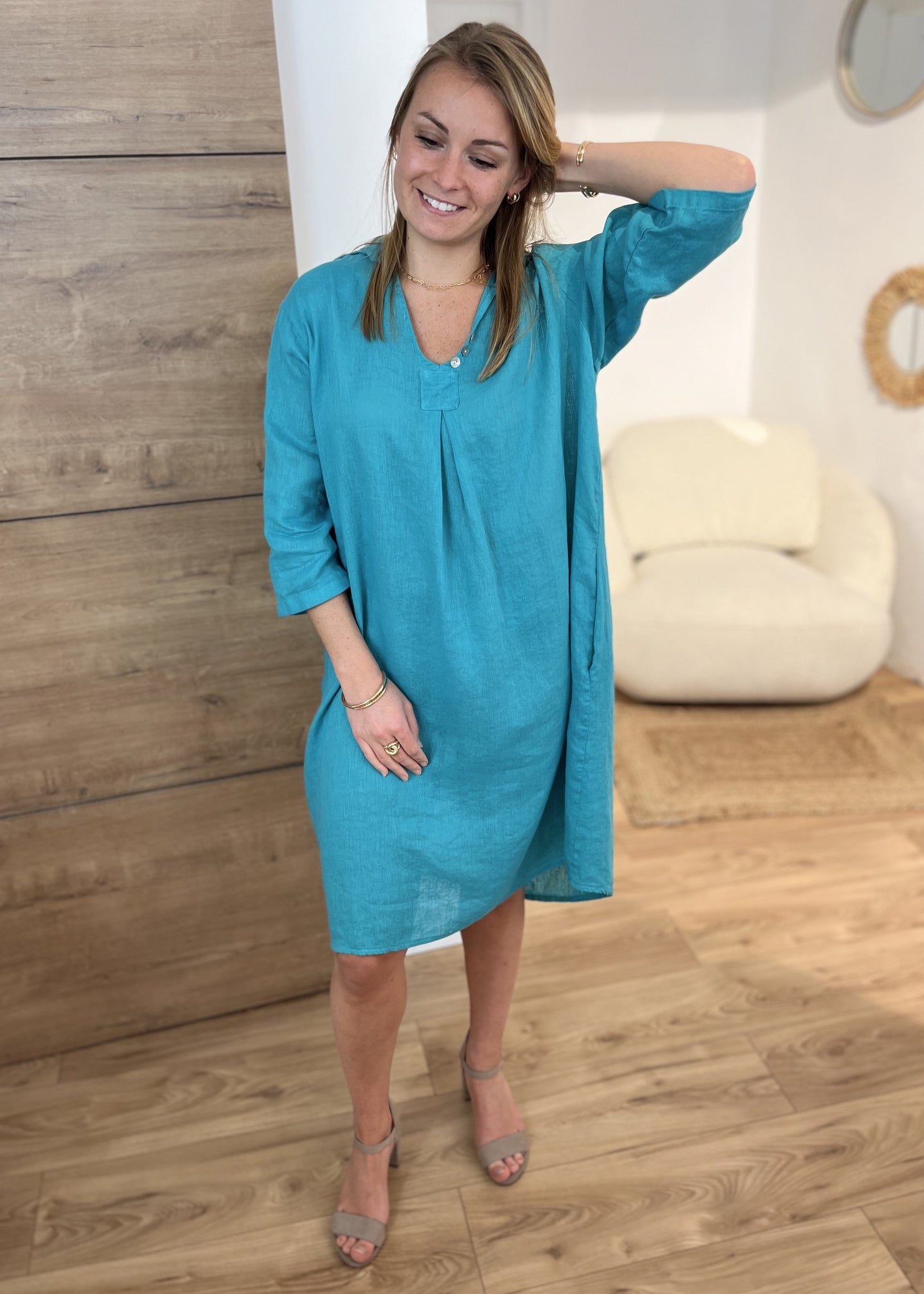 Robe courte lin aglae TURQUOISE
